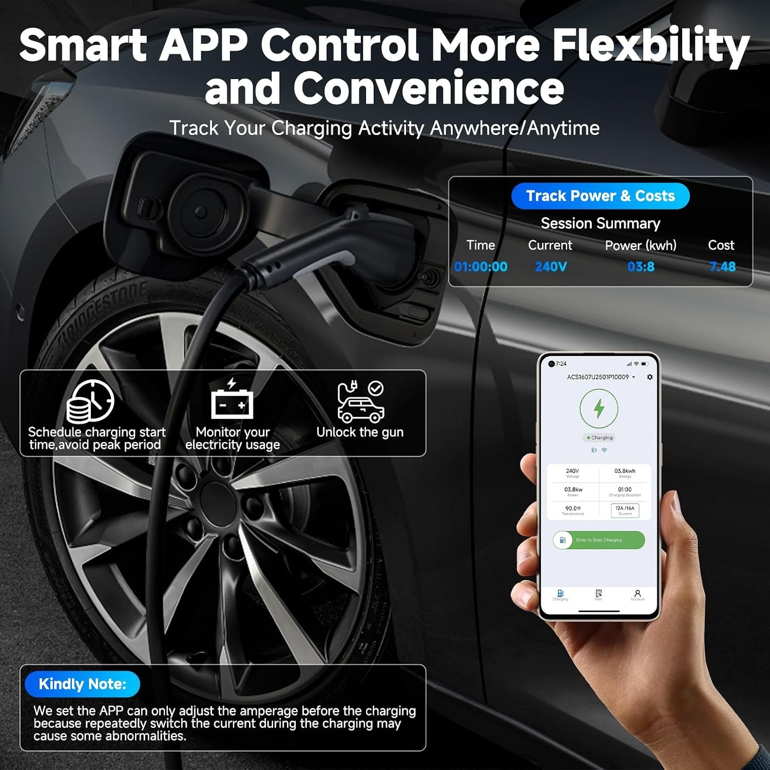 Level 1&2 Portable EV Charger (WiFi) with App Control, 8-16Amp Adjustable Current & Timer, 110V–240V, NEMA 5-15 & 6-20 Plug, 25Ft EV Charging Cable, J1772 Electric Car Charger for All PHEV/EV - Image 4