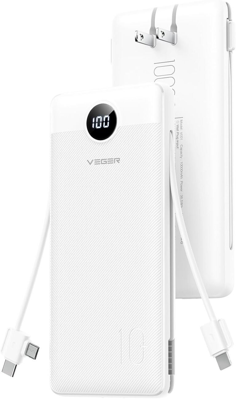 VEGER Portable Charger, 10000mAh Power Bank, Built in Wall Plug and Cables | Ultra Slim&Compact, Charge 5 Devices at Once, Flight-Safe, Travel Essentials Battery Pack for iPhone 17, iPad, Samsung, etc