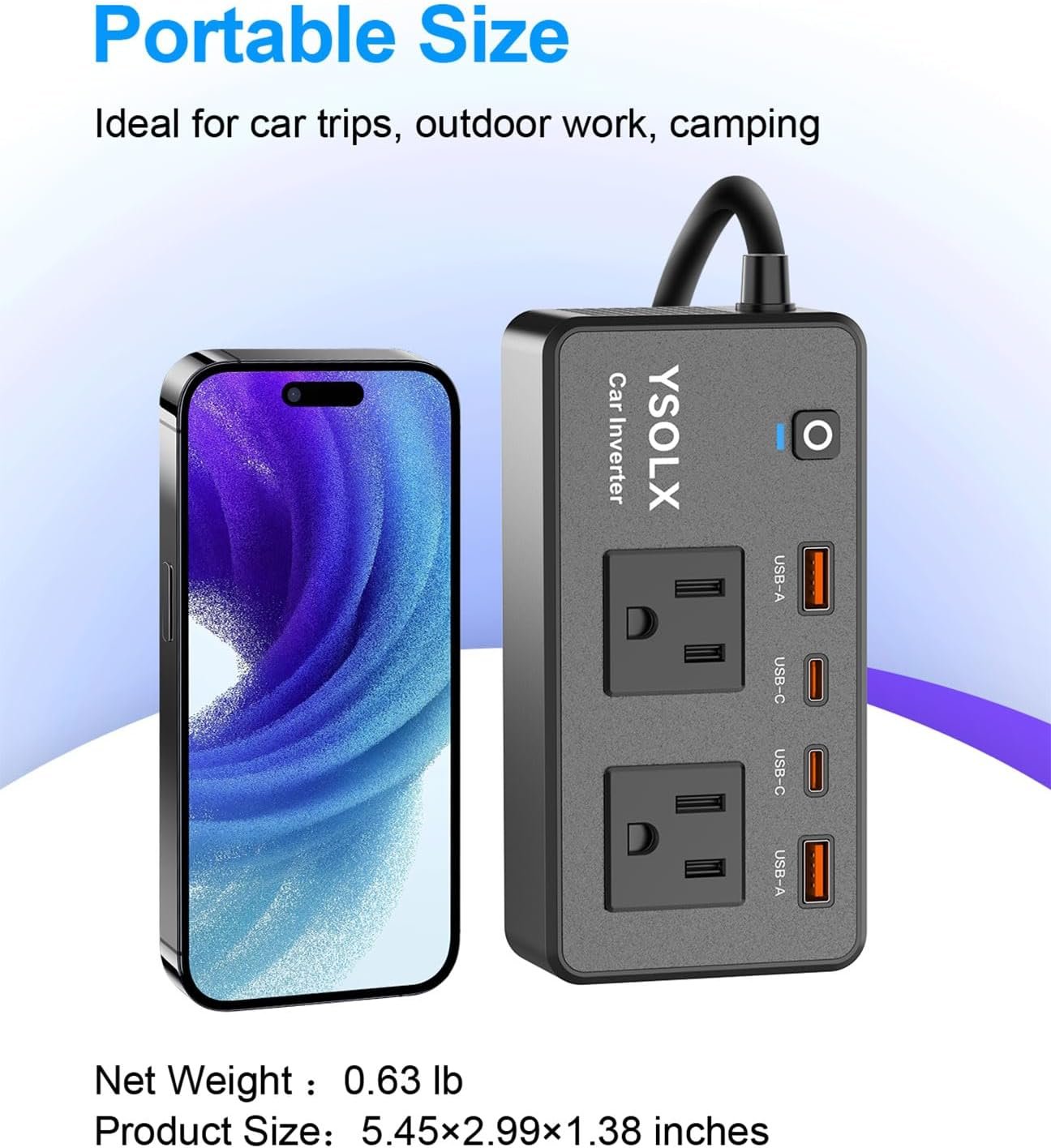 300W Portable Charger Car Power Inverters for Vehicle | 24W USB A/C,Dual 12V-110V AC Car Plug Adapter Outlet,Cigarette Lighter Adapter for Laptop/Camping/Road trip essentials - Image 5