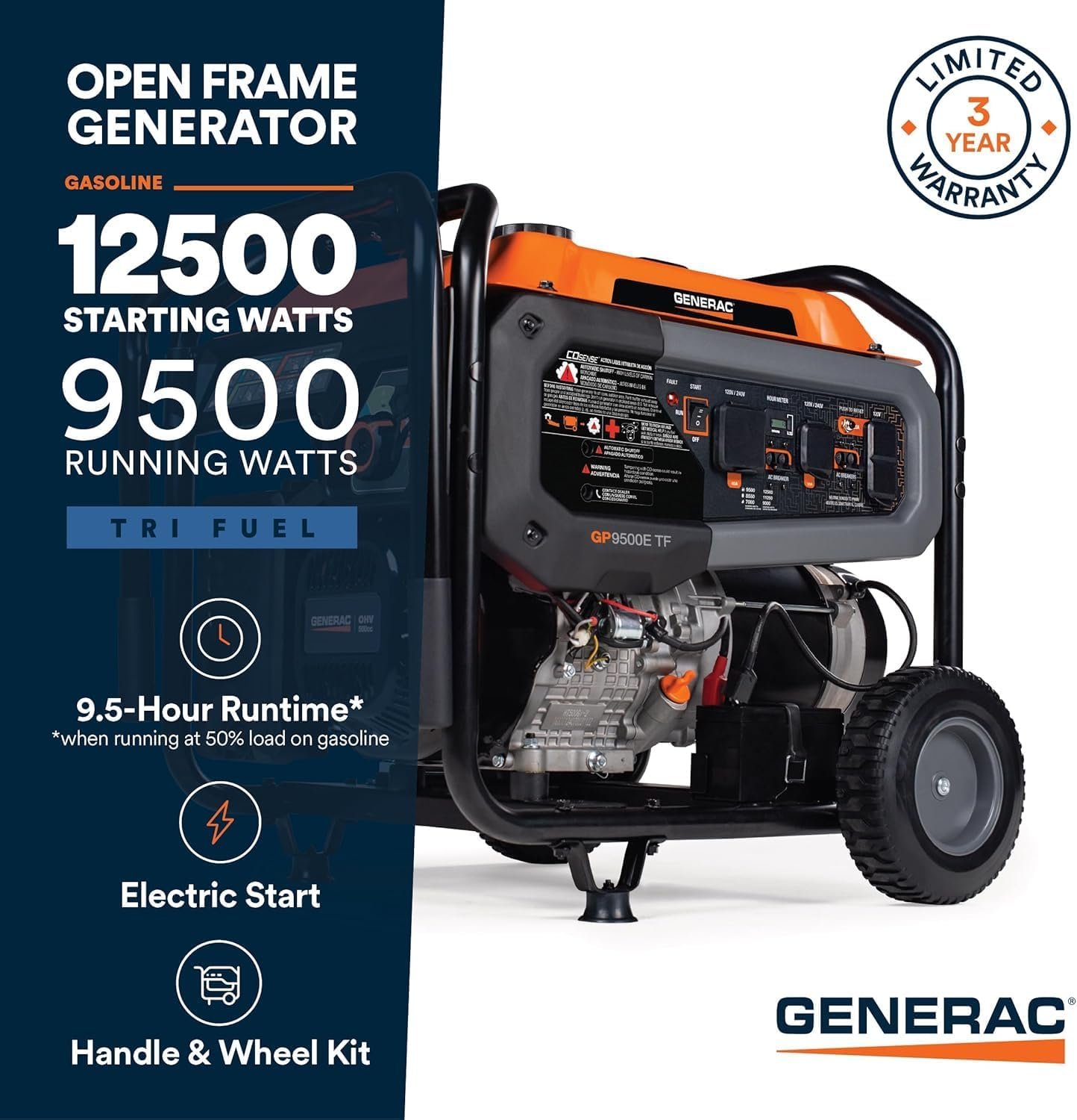 Generac 12,500 Starting Watt Tri-Fuel Portable Generator, Electric Start | Gas, Propane, Or Natural Gas Fuel Options, COsense CO Detection, 9.5 Hour Runtime, Emergency Home Backup, 49 State Compliant - Image 3
