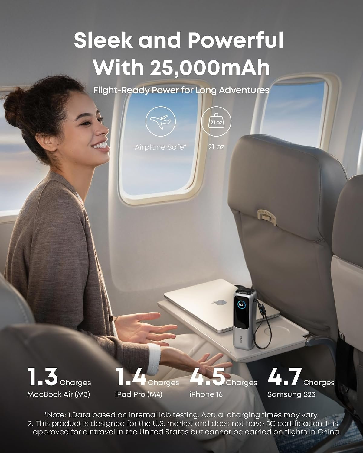 Anker Laptop Power Bank, 25,000mAh Travel Essential with 165W Total Output | 3 USB-C Ports with 100W Max Each, Built-In Retractable Cables, Flight-Ready, for iPhone 17 Series ,MacBook, and More - Image 4