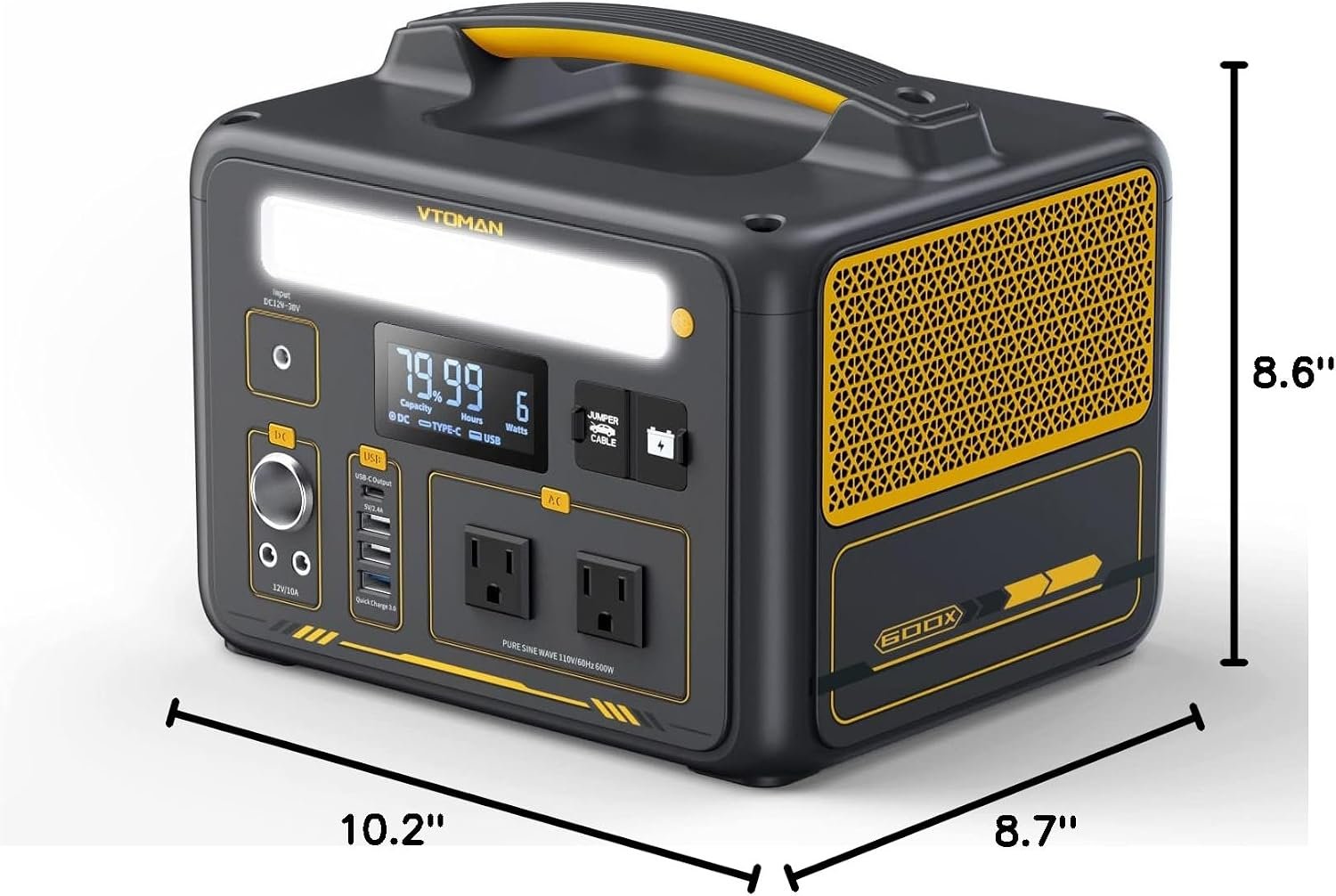 VTOMAN Jump 600X Portable Power Station 600W, 299Wh LiFePO4 Battery | 1200W Surge AC Outlet, PD 60W USB-C, 2-In-1 Solar Generator with Jump Start for Blackout, Camping, Outage and Road Trip - Image 12