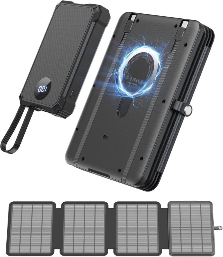 YELOMIN Solar Power Bank 10000mAh with 4 Panel Foldable Solar Charger,Portable Charger with 3 Built-in Cables, 15W Wireless Charging, USB-C in/Outputs, Emergency Flashlight for Outdoor Camping Hiking