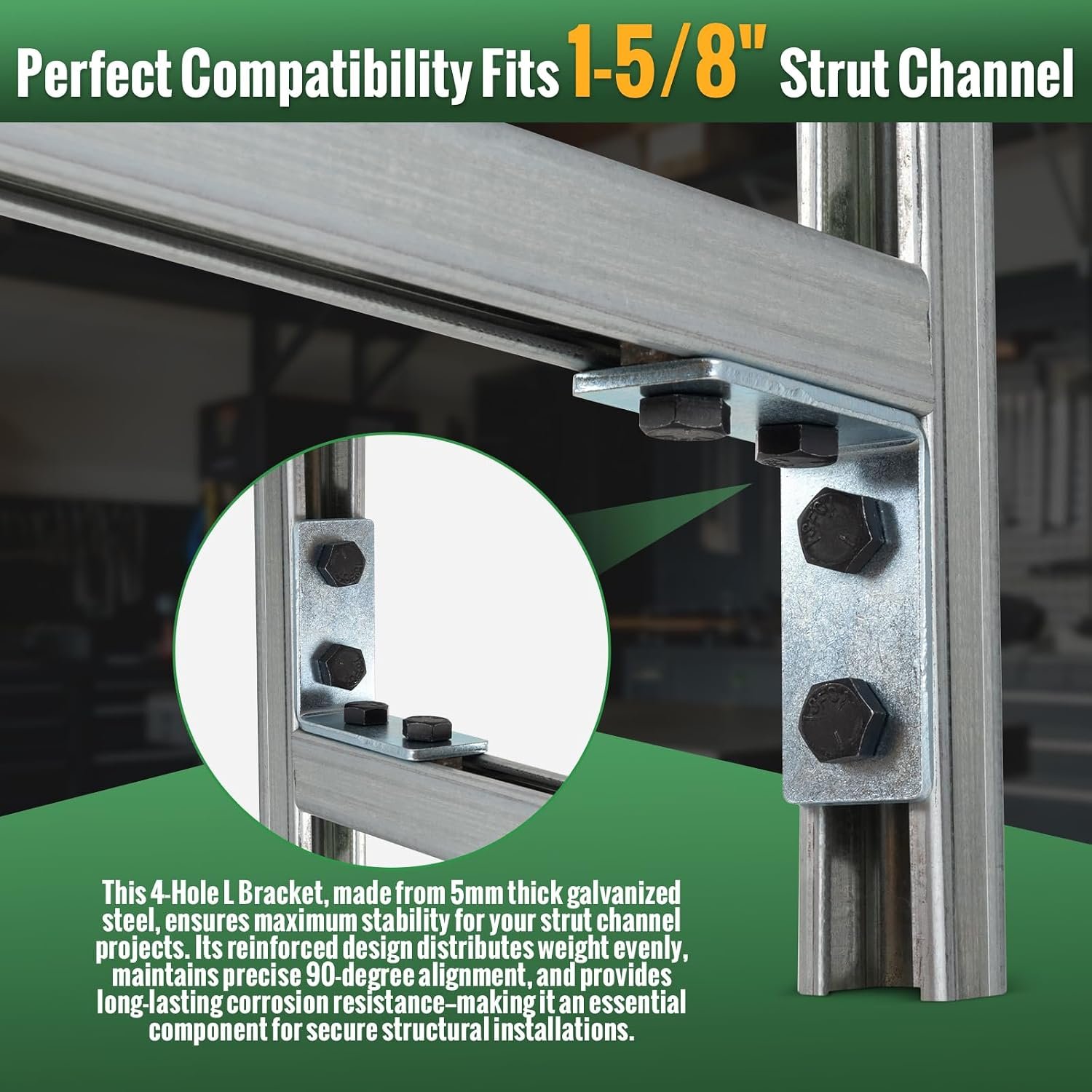 10 Pack 4-Hole L Bracket, Strut Channel Accessories & Fittings, 90° Angle for 1-5/8” Strut Channel, 3/16” Thick, Fits 1/2” Bolts, Heavy Duty Galvanized Steel Strut Hardware for Solar, HVAC & Framing - Image 5