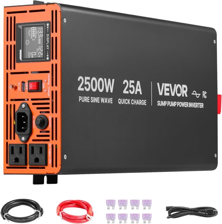 VEVOR 2500W Sump Pump Battery Backup System, LCD Display, Auto Switches to Battery Inverter Power for Sump Pump, Pure Sine Wave, for Basement Protection Emergency and Power Outage, Battery Not Include | for Basement Power Outages, with Pure Sine Wave, Automatic Transfer, USB Port and AC Outlet; 12V Battery Sold Separately