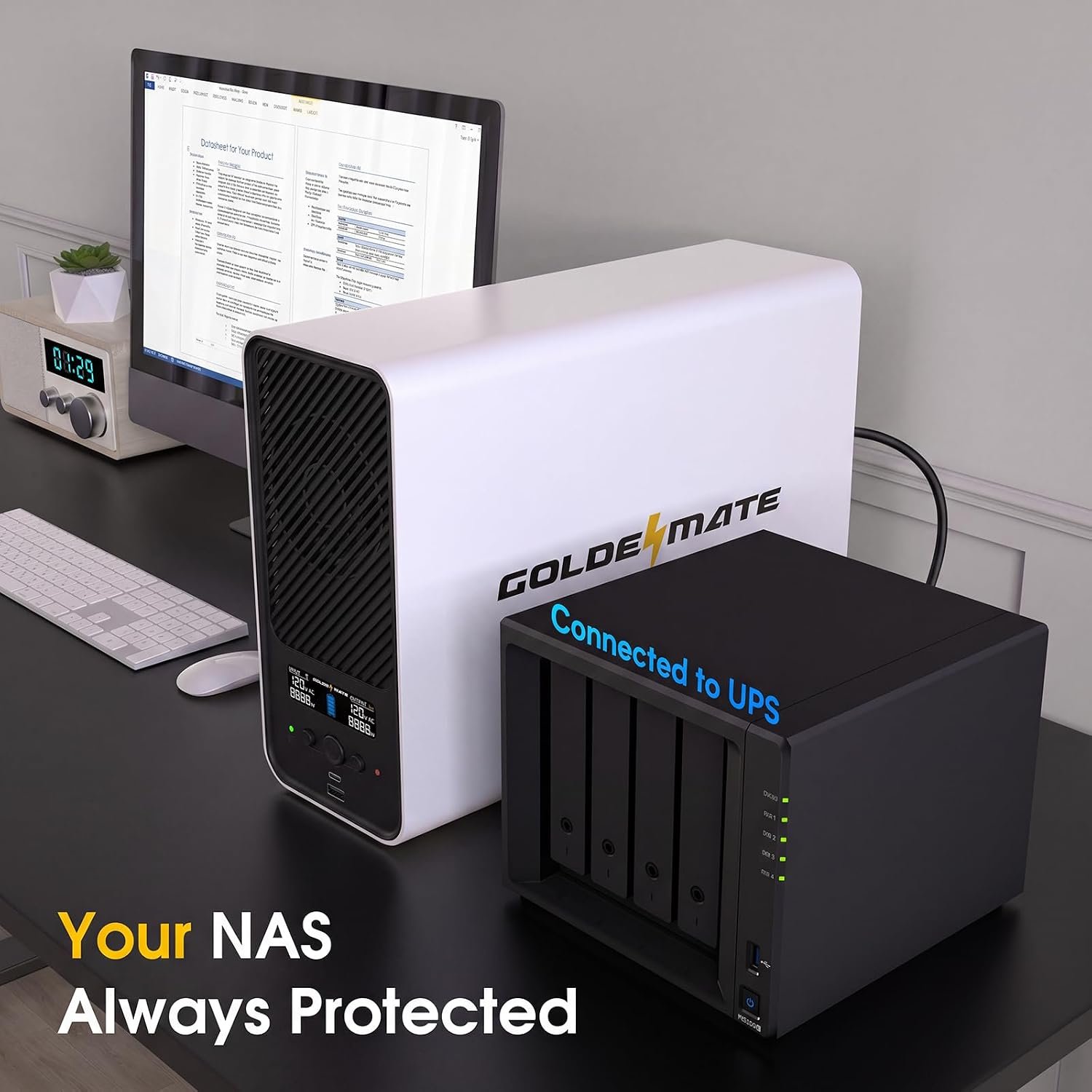 GOLDENMATE 1500VA/1000W Lithium UPS Battery Backup & Surge Protector, White | Pure Sine Wave, 8 Outlets & 2 USB Ports, LCD Display, 230Wh LiFePO4 Battery Backup for PC/NAS/Home Offices - Image 4