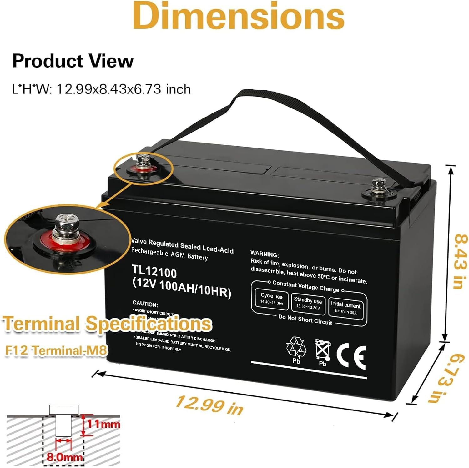 Weize Deep Cycle AGM 12 Volt 100Ah Battery, Maintenance-Free, 3% Self-Discharge Rate, 1150A Max Discharge Current, Perfect for RV, Solar, Trolling Motor, Wind, Marine, Camping and Off-Grid System - Image 2