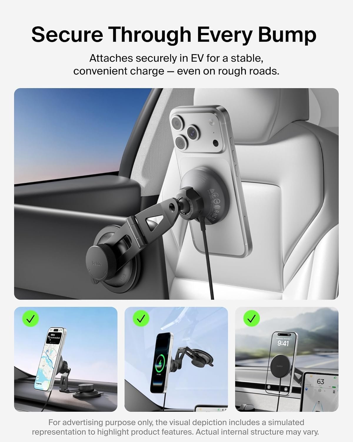 Belkin Qi2 15W Magnetic Wireless Mount for Tesla, Fast Charging Car Charger | MagSafe Compatible, iPhone 15/16/17, Samsung Galaxy S26, AirPods, iPads, MacBook, Chromebook, Car Phone Charger - Image 3