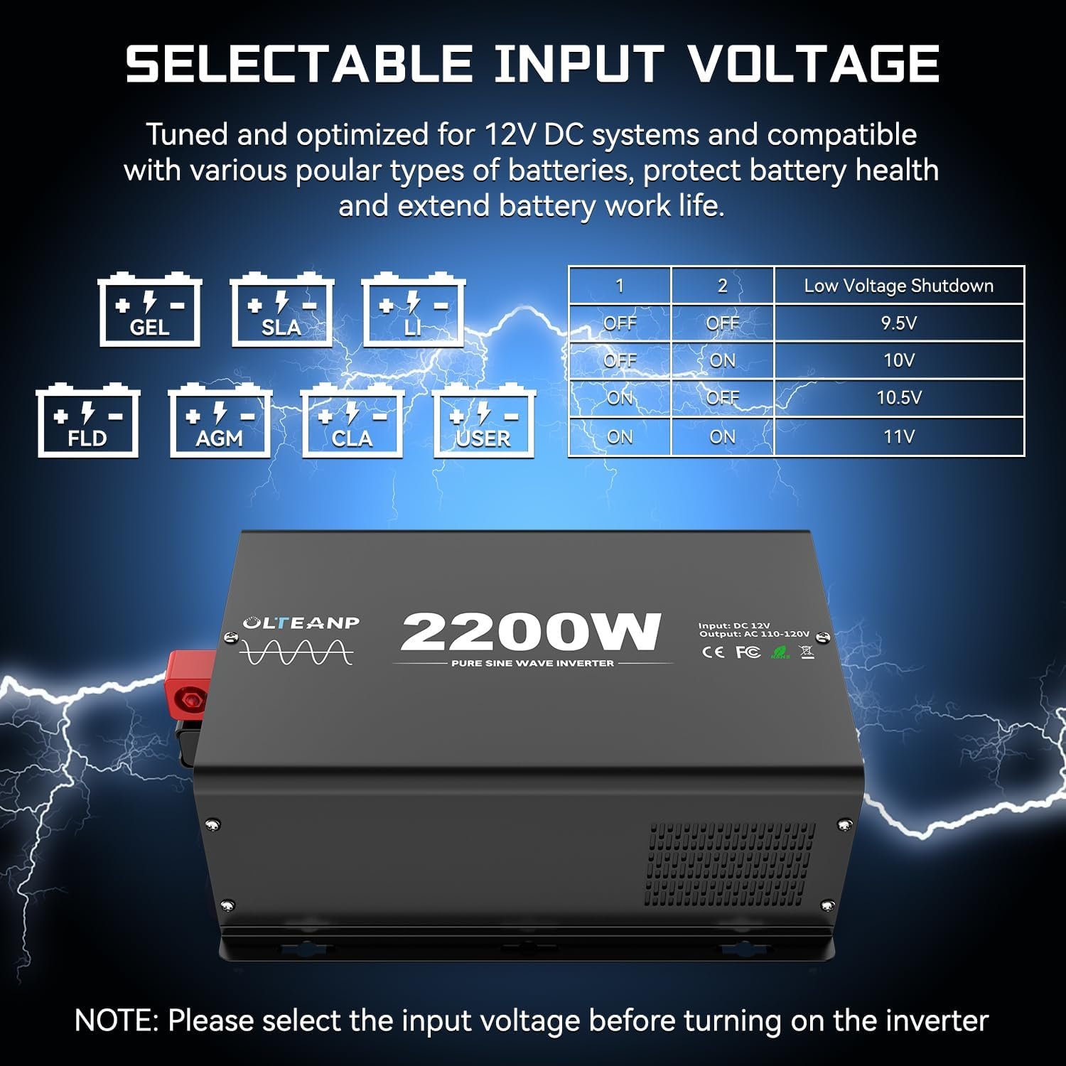 2200 Watts Pure Sine Wave Inverter 12V DC to 110V AC, 4400W Peak Power, 4 AC Outlets, USB & Type-C Port, Adjustable Input for Lithium Battery, RV/Truck/Boat/Solar Backup with LCD Remote - Image 5