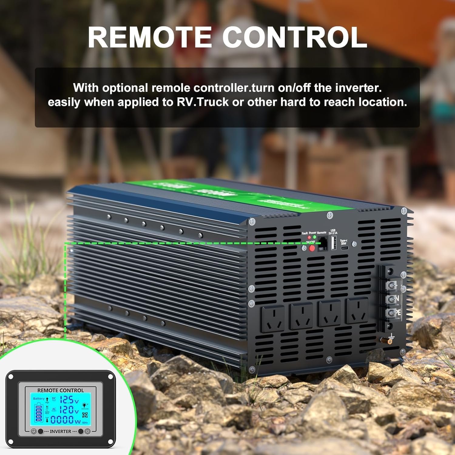 5600W Power Inverter 12V DC to 110/120V AC Converter, 11200W Peak, LCD Display, Remote Control, 4 AC Outlets, 30W Type-C Port, 3.1A USB Port for RV Truck Solar System, Emergency Power, Off-Grid Use | LCD Display, Remote Control, 4 AC Outlets, 30W Type-C, 3.1A USB Port for RV Truck Solar System, Emergency Power, Off-Grid Use - Image 3