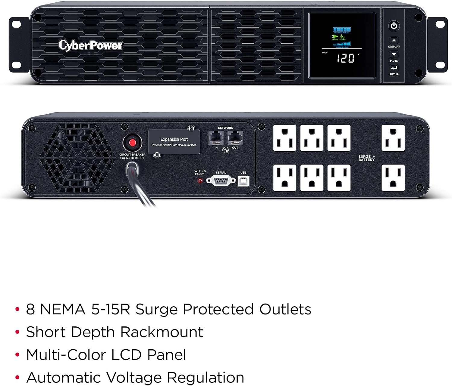 CyberPower CP1500PFCRM2U PFC Sinewave UPS Battery Backup | 1500VA/1000W, 8 Outlets, AVR, Short Depth 2U Rackmount, UL Certified - Image 3