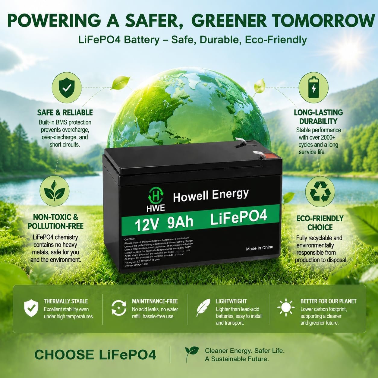 HWE 12V 9Ah Lithium Battery for Ride on Toys, Security System, UPS, EPS | 5000 Deep Cycle Rechargeable 12 Volt 9.0 amp Battery for SLA 1290 6fm9 6fm7, Gate Opener, Fish Finder, 15A BMS,F1 F2 Terminal - Image 9