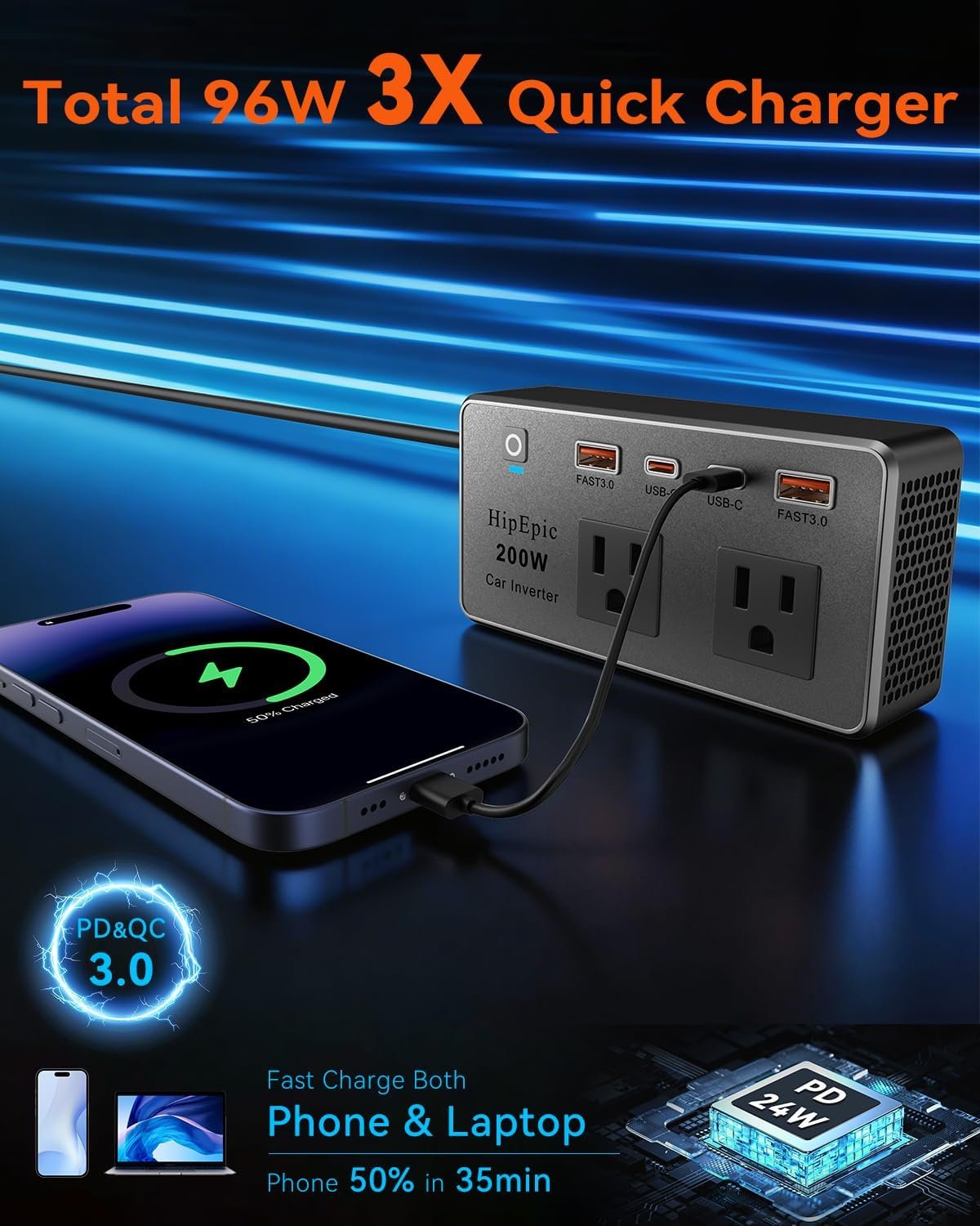 200W Multi-Port Car Power Inverter,Small Auto Outlet Adapter | Portable Inverters for Vehicle-24W USB A/C&3 Plug for Laptop,12V DC to 110V/120V AC,Work with Standard Car Cigarette Lighters - Image 4