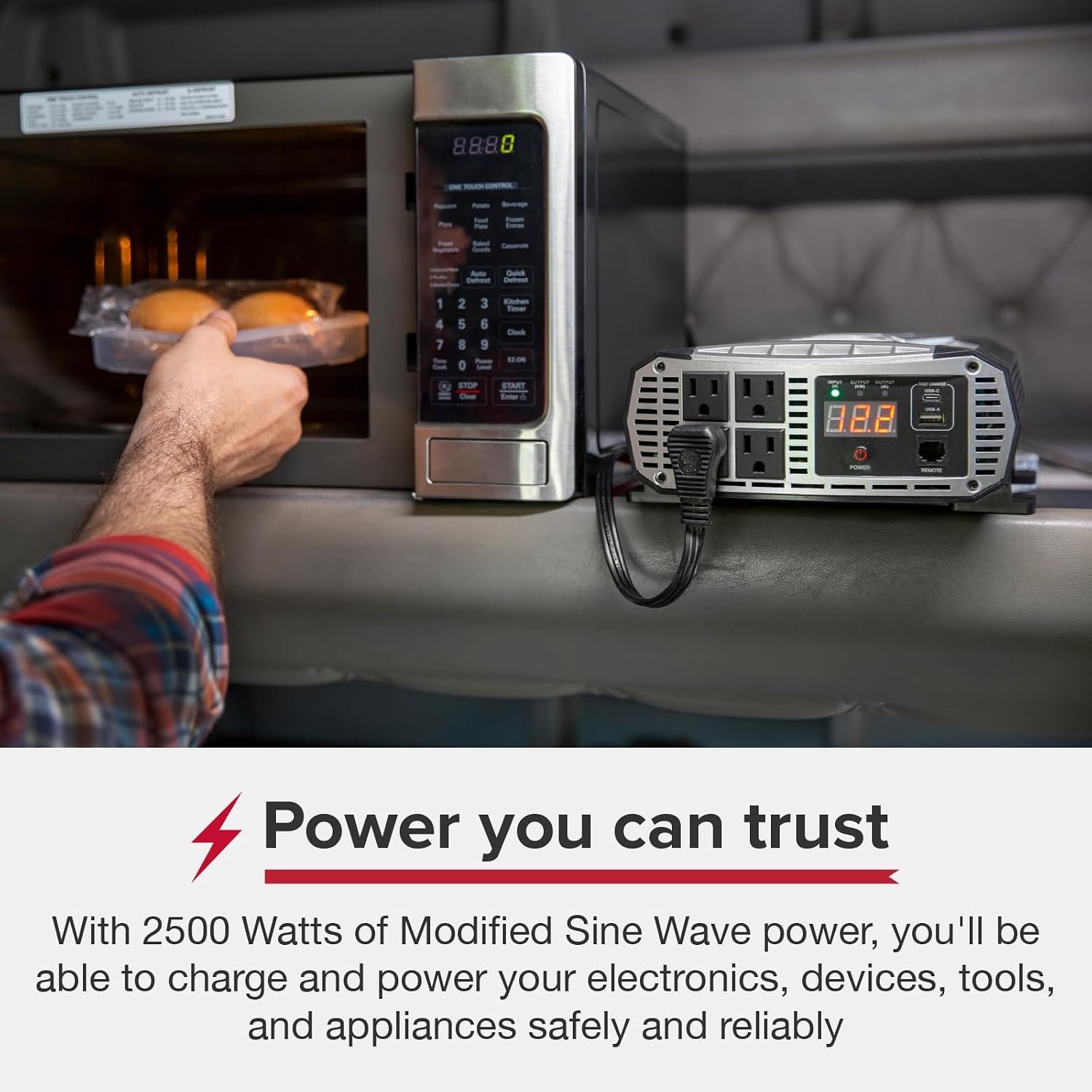 Cobra PRO 2500W Professional Grade Power Inverter, Portable – 2500-Watt Car Charger, 4 Grounded AC Outlets, 2 Fast Charge USB Ports and Remote Controller (CPIALCDG1) Compatible | 2500-Watt Car Charger, 4 Grounded AC Outlets, 2 Fast Charge USB Ports and Remote Controller (CPIALCDG1) Compatible - Image 2