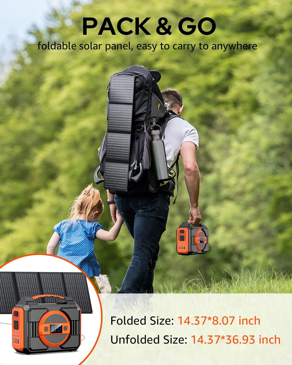 Portable Solar Generator, 300W Portable Power Station with 40W Solar Panel | 220Wh Lithium Battery Power Pack with Pure Sine Wave AC Outlet, Solar Powered Generator for Outdoor Camping RV Van Travel - Image 5