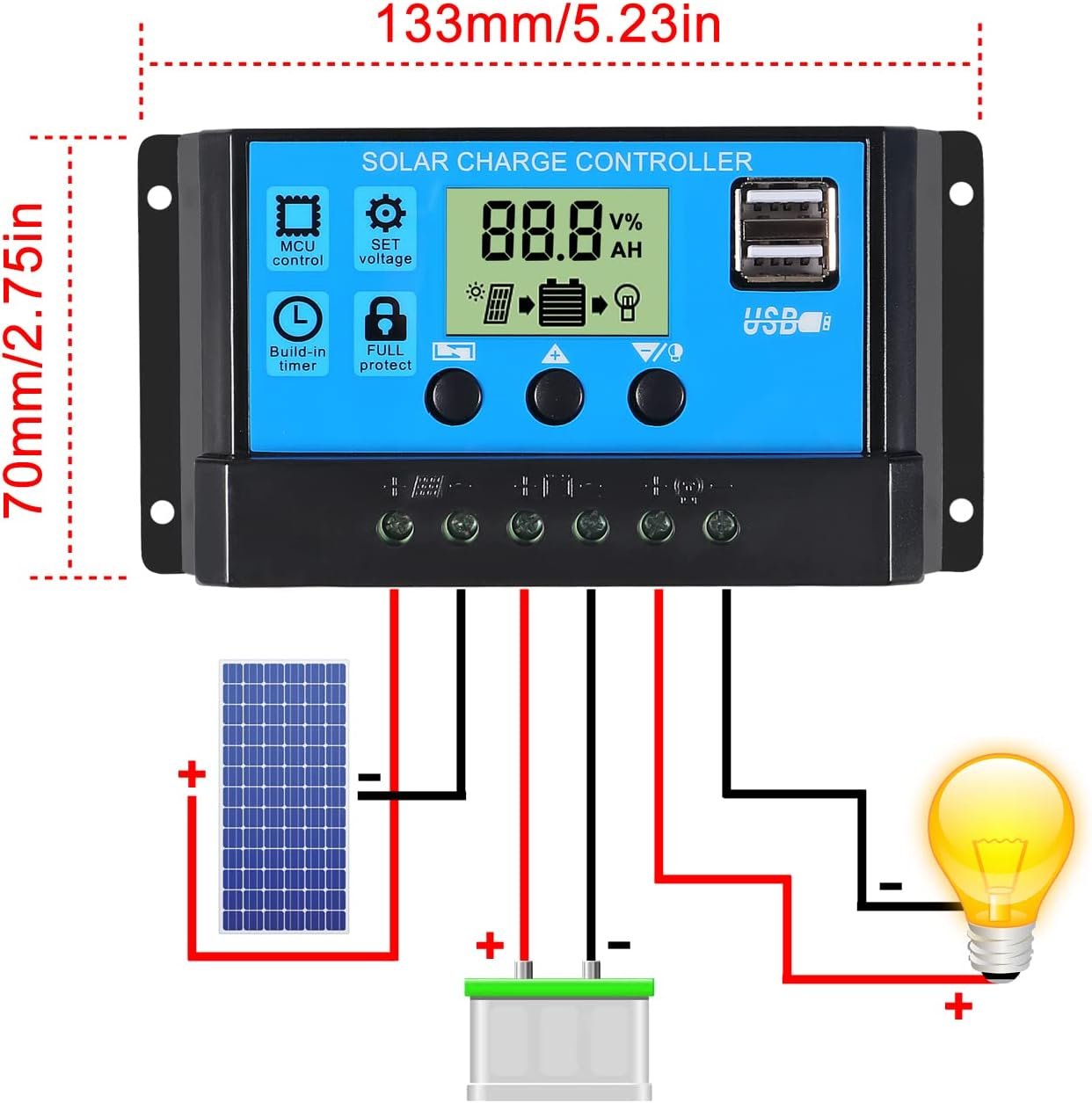 ACEIRMC 2pcs 30A Solar Charge Controller 12V/ 24V Solar Panel Charge Controller Intelligent Regulator with 5V Dual USB Port Display Adjustable Parameter LCD Display and Timer Setting ON/Off Hours - Image 6