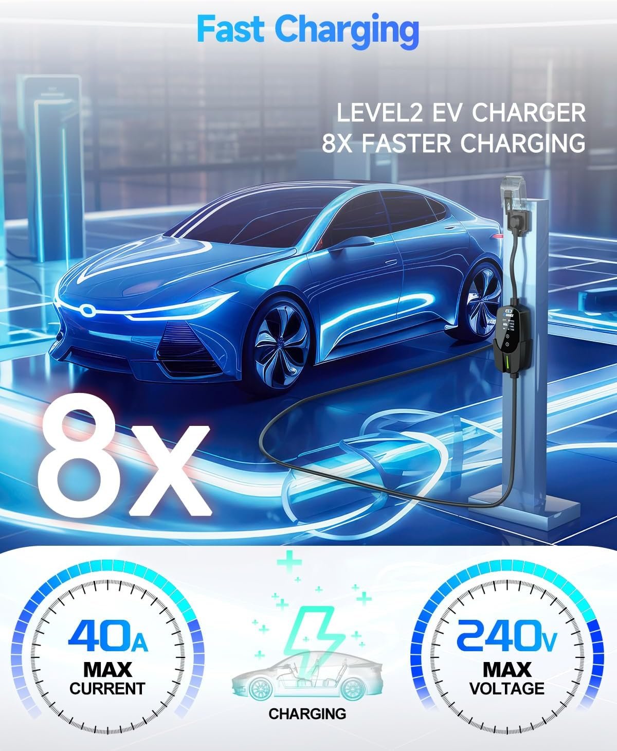 Level 2 EV Charger for Tesla, 40A / 9.6kW Fast Home EV Charging Station with NEMA 14-50 Plug, 25FT Cable, Adjustable Current & Delay Timer, Compatible with All Tesla Model 3/Y/S/X (NACS Plug) - Image 2