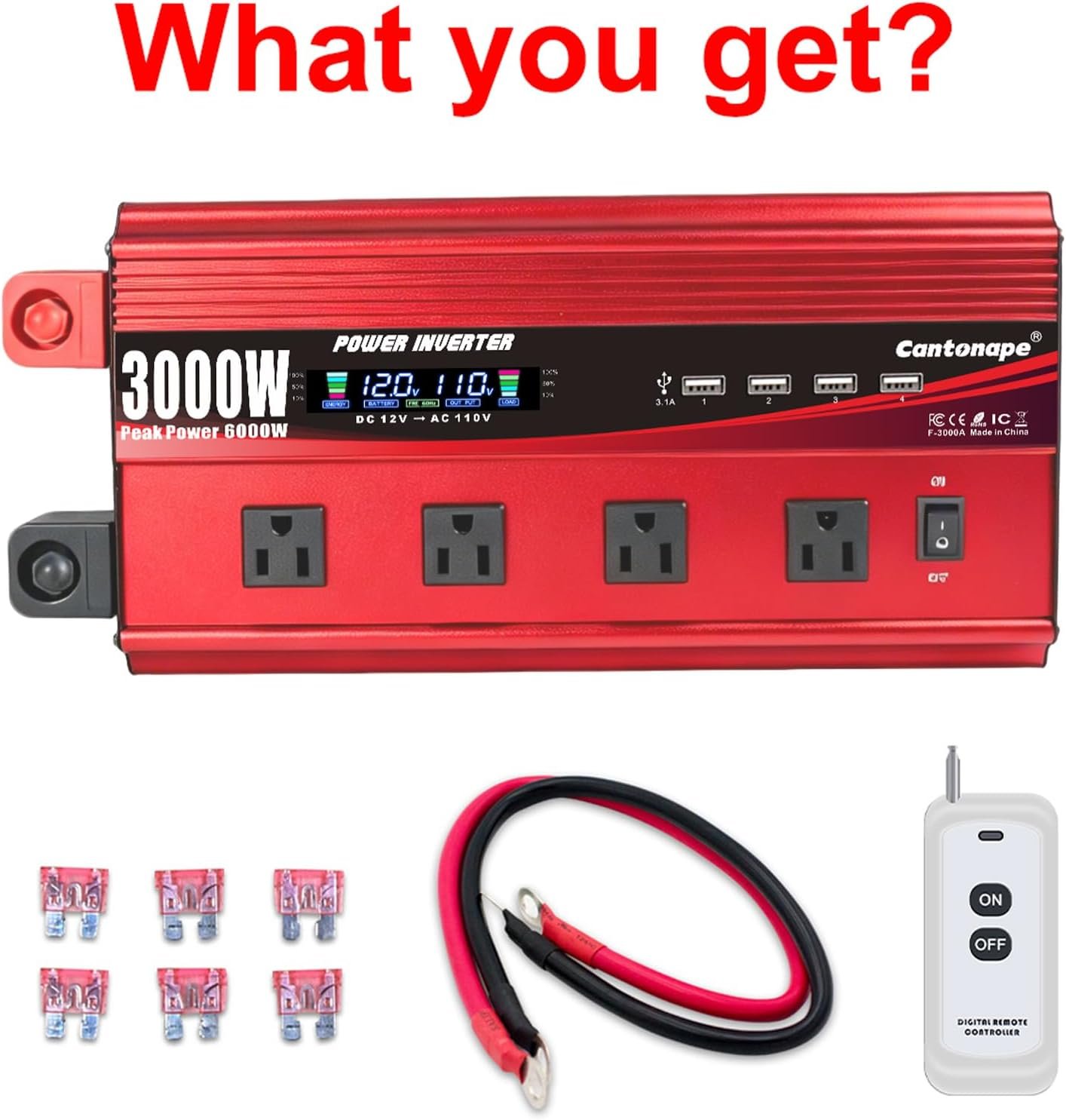 Cantonape 3000W Power Inverter 12V to 110V/120V DC to AC with LCD Display | Remote Controller 4 x AC Outlets and 4 x 3.1A USB Car Adapter for Car Truck Boat RV Solar System - Image 9