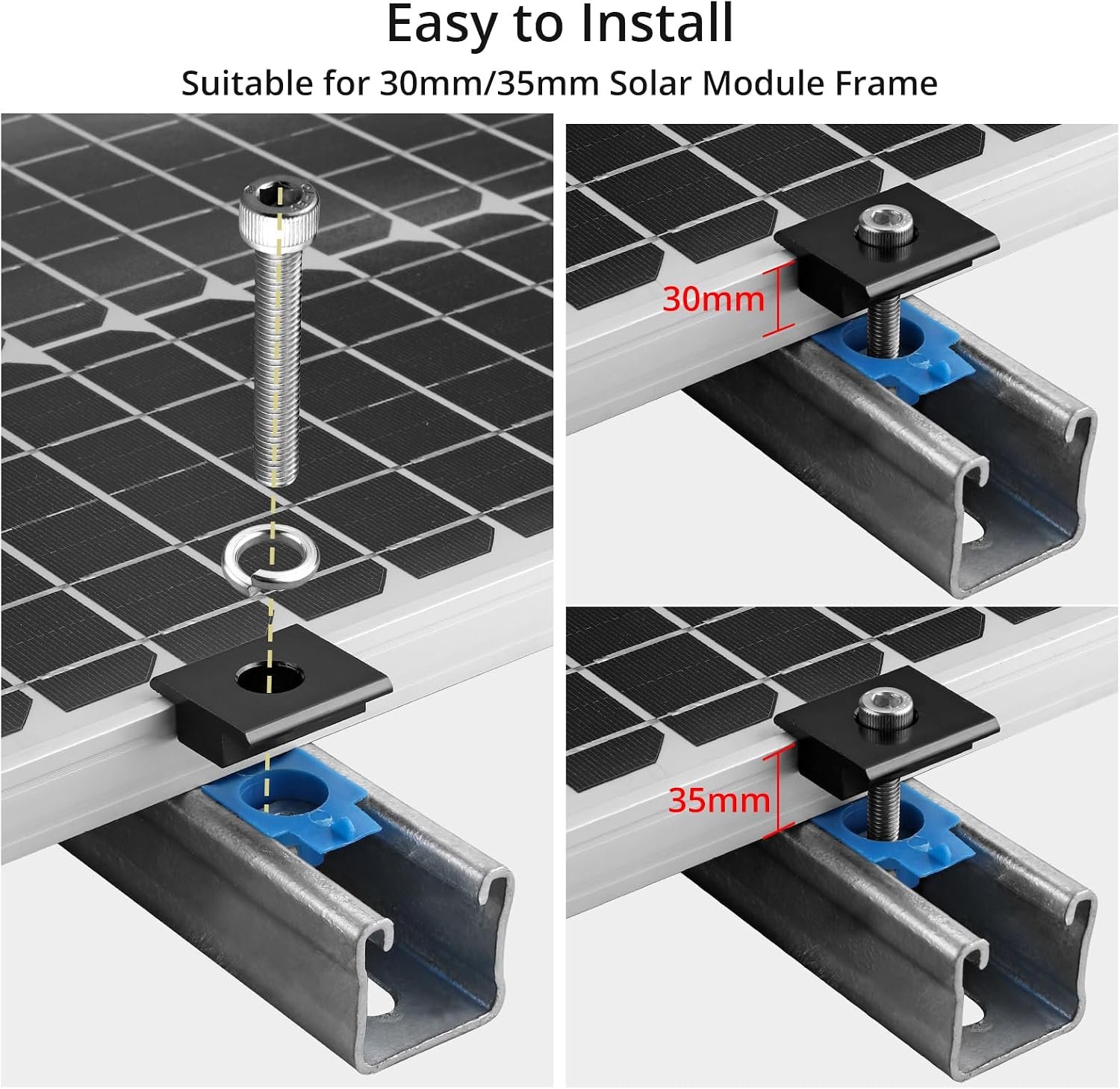 Anbte 20pcs Solar Panels Mid Clamps for Unistrut, 30mm/35mm, Black | Aluminium Solar Panel Brackets, Solar Panel Mounting Kit for Metal Roof, Tin Roof, Flat Roof, Sheet Roof, RV, Black - Image 7