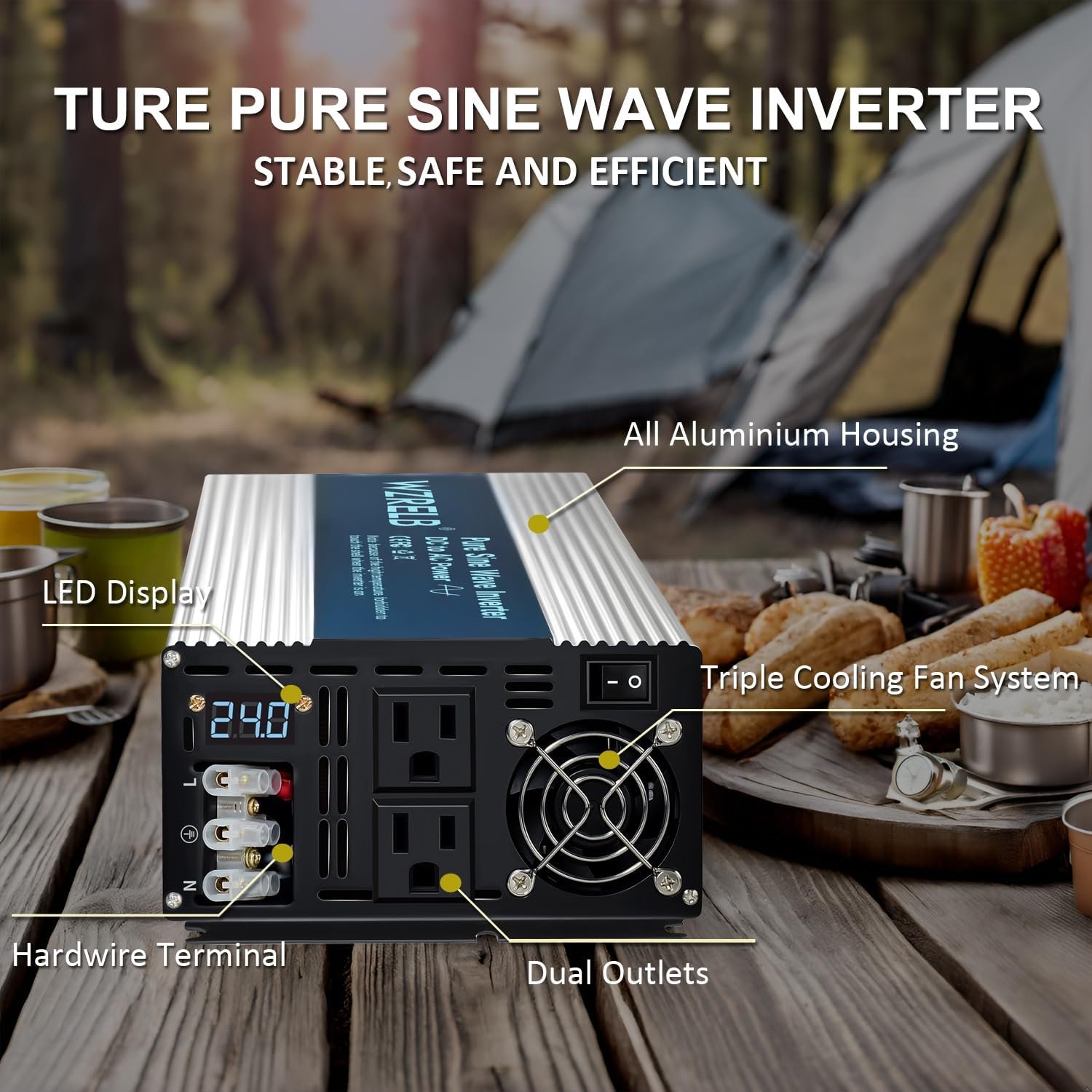 WZRELB 3000W Pure Sine Wave Inverter 12V DC to 110V 120V AC Power Converter with LED Display, Hardwire Terminal,Off-Grid Portable Power Inverter with Dual AC Outlets for Home, RV, Truck, Camping - Image 3