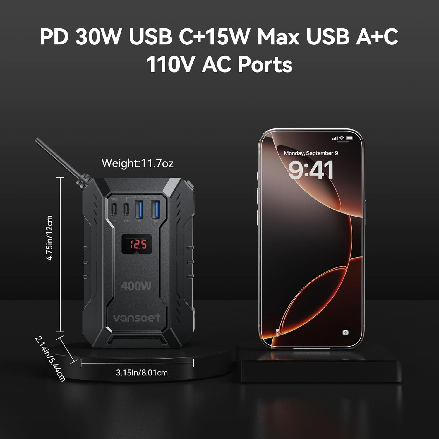 400W Car Power Inverter for Vehicles DC 12V to AC 110V Inverter | PD 30W 15W USB C Ports, 15W USB A/C Ports, Dual AC Outlets, Car Plug Adapter Outlet Converter for Laptop/Road Trip/Camping - Image 5