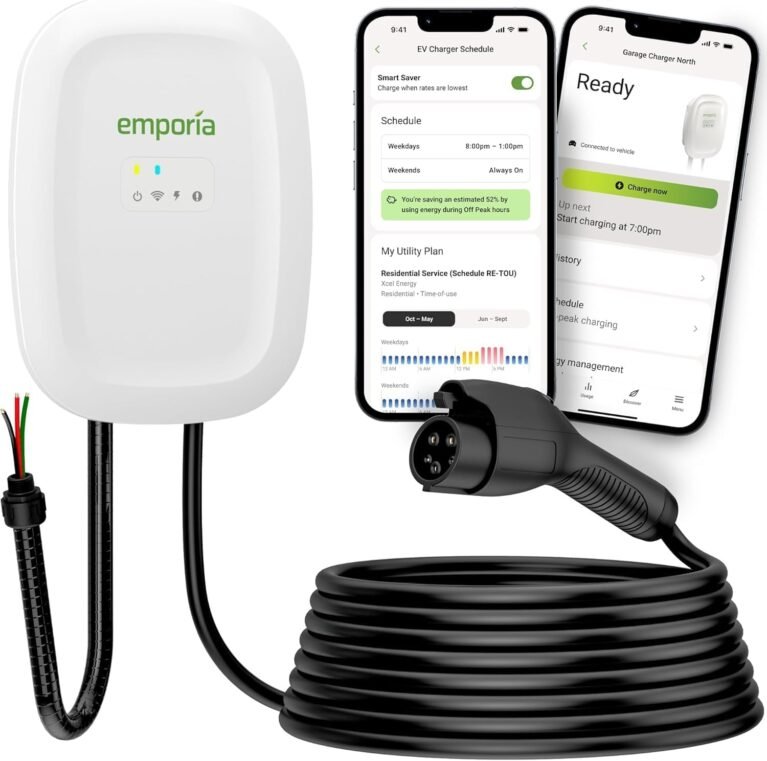 EMPORIA Level 2 EV Charger w/ J1772 Connector — 48 Amp, 240V WiFi Enabled Electric Vehicle Charging Station, 25ft Cable, Hardwired with Whip, White