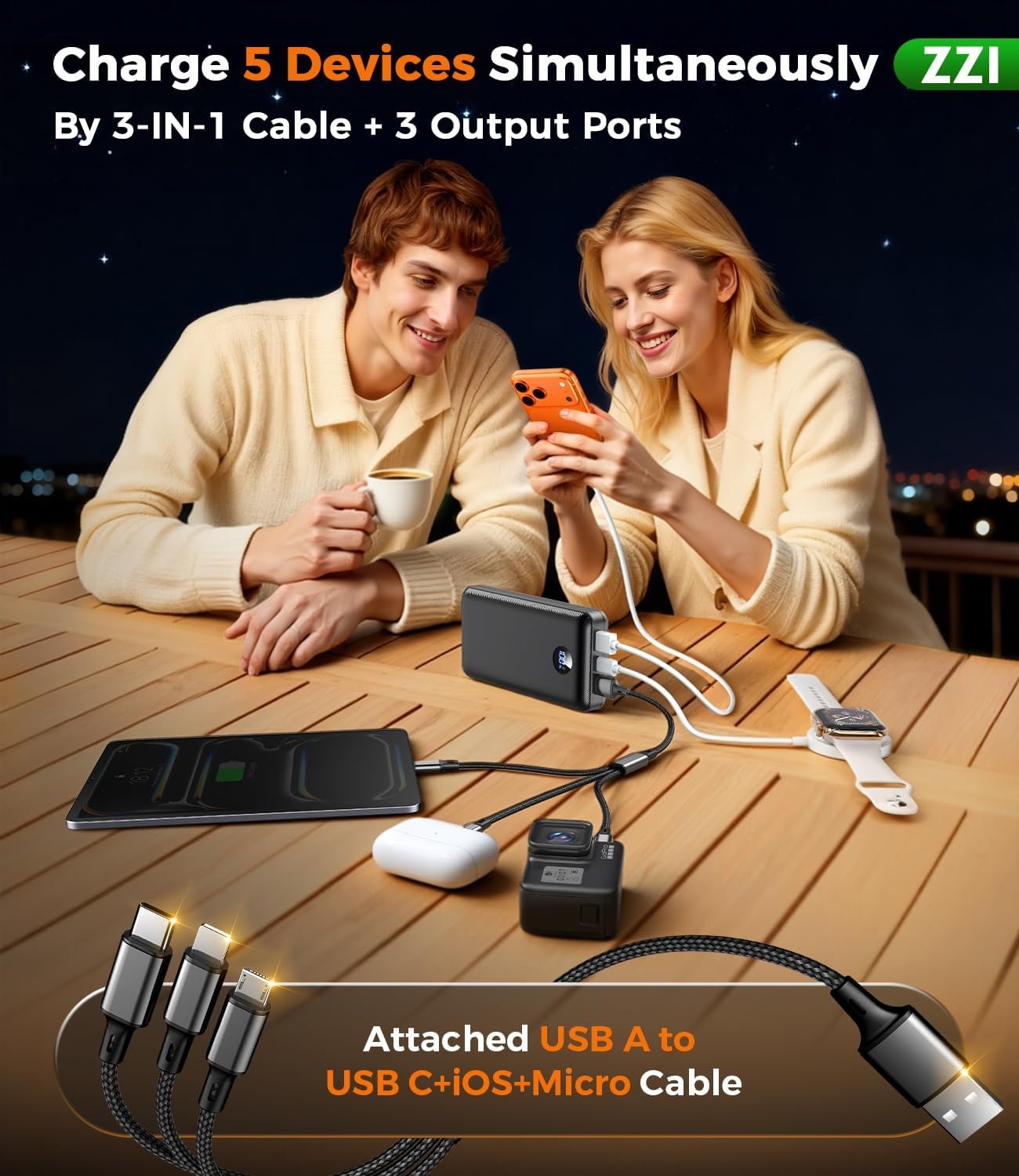 ZZI Portable Charger Power Bank 60000mAh, 22.5W PD Fast-Charge Battery Pack | Charge 5 Devices, 3-Ports & 3 in 1 Cable, 60% in 30min, 10 times for iPhone, Fit All Cell Phone/Tablets,Camping/Travel/Outage - Image 5