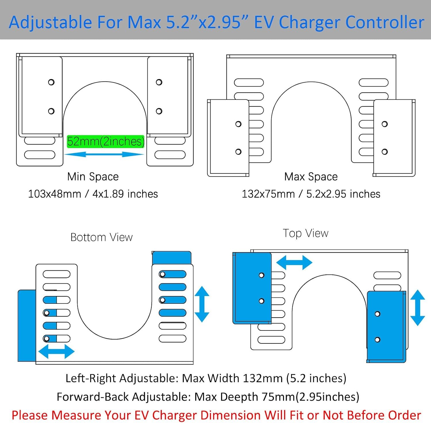 EV Charger Holder Enduring Metal EV Charging Box Holder | Adjustable for Different Size EV Mobile Charger Controller, Black Wall Mount Bracket Fit Max Size 4.76x2.95 Inches - Image 6