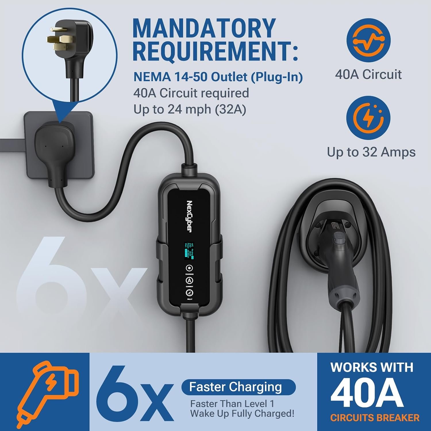 Level 2 EV Charger 32Amp with WiFi APP/Plug-Play, 240V NEMA 14-50P Plug, 25FT Cable with ETL Certified, Portable Electric Vehicle Charging Stations EVSE J1772 Connector (32) - Image 2