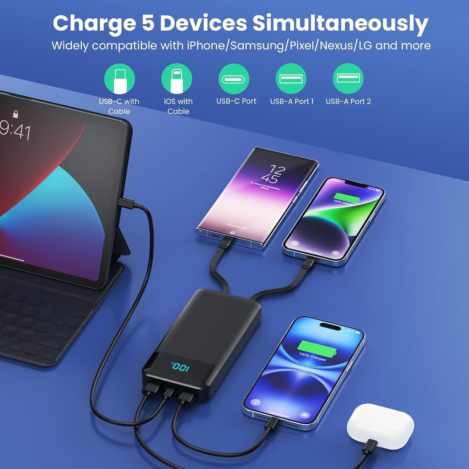 Portable Charger Power Bank 40800mAh with 3 Built-in Cables,25W Fast Phone Charging Portable Battery Pack,5 Outputs Travel Essentials Outdoor External Battery for iPhone 17/16,Galaxy Android etc-Black - Image 3
