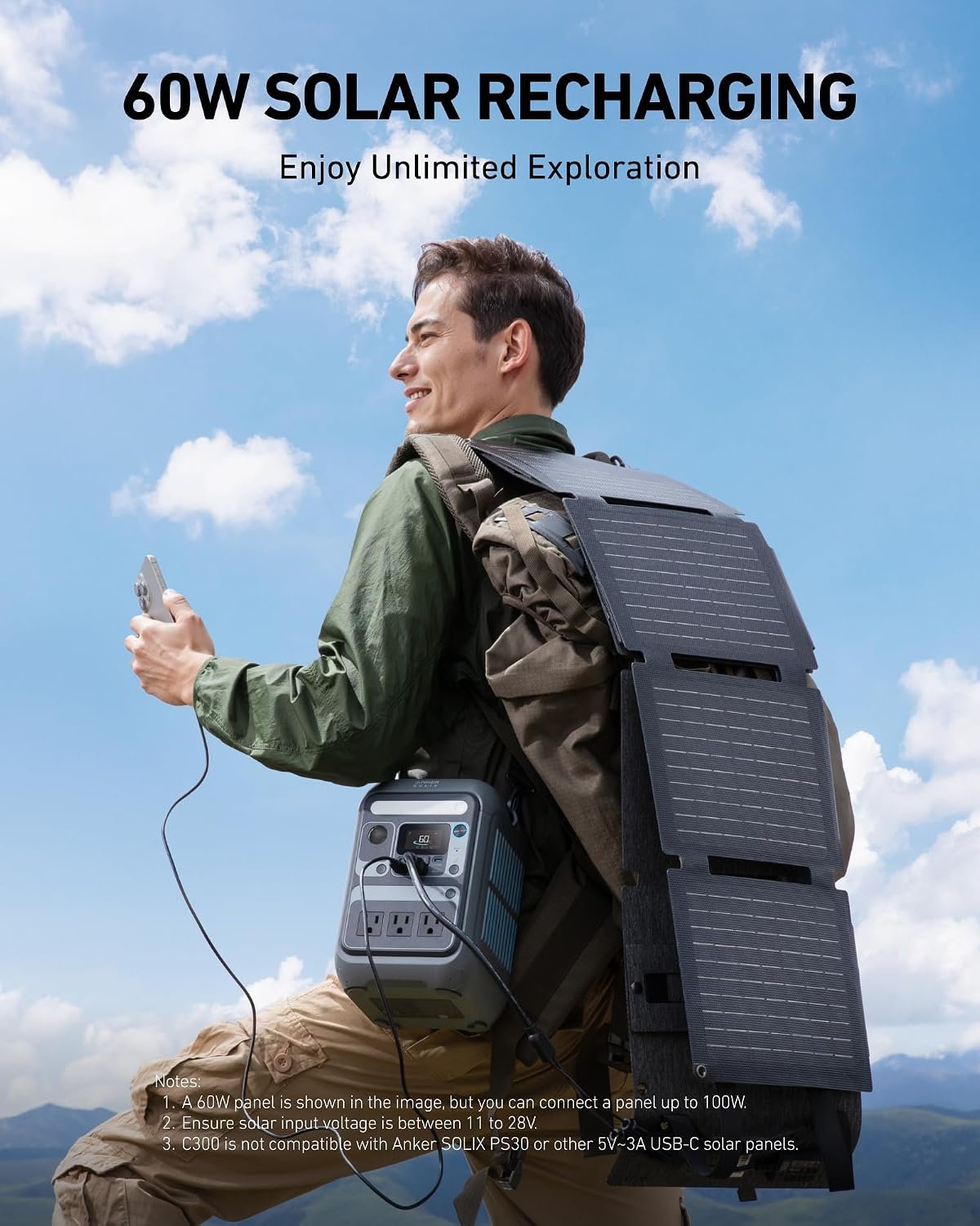 Anker SOLIX C300 Portable Power Station with 60W Solar Panel, 288Wh, 300W | 288Wh LiFePO4 Battery, 300W (Peak 600W), 140W Two-Way Fast Charging, Solar Panel-Ready, for Outdoor and Emergency Use - Image 5