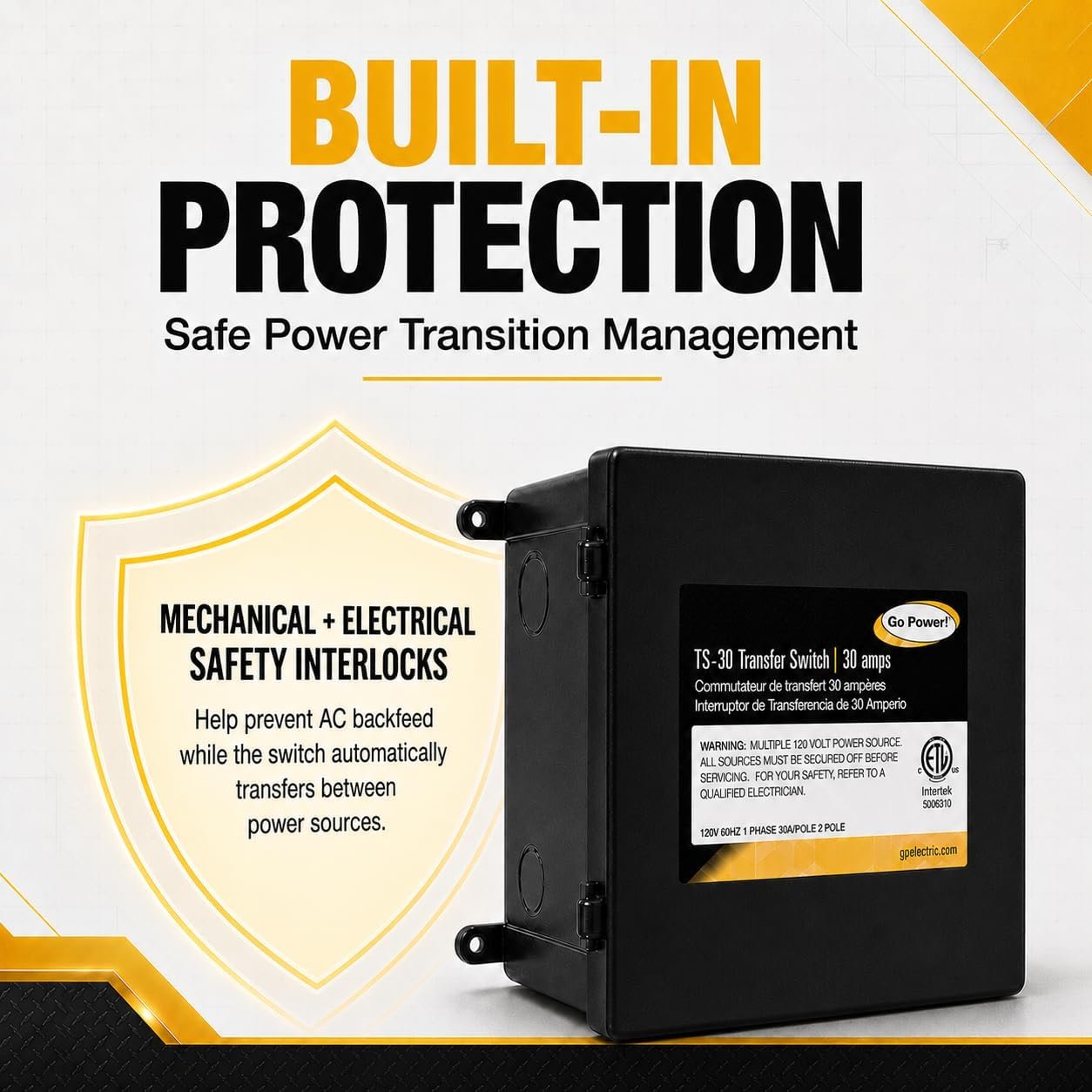 Go Power TS-30 30 Amp Automatic Transfer Switch, Dual Source Compatibility, Generator Delay Switch, Easy Installation, Compact Design - Image 5