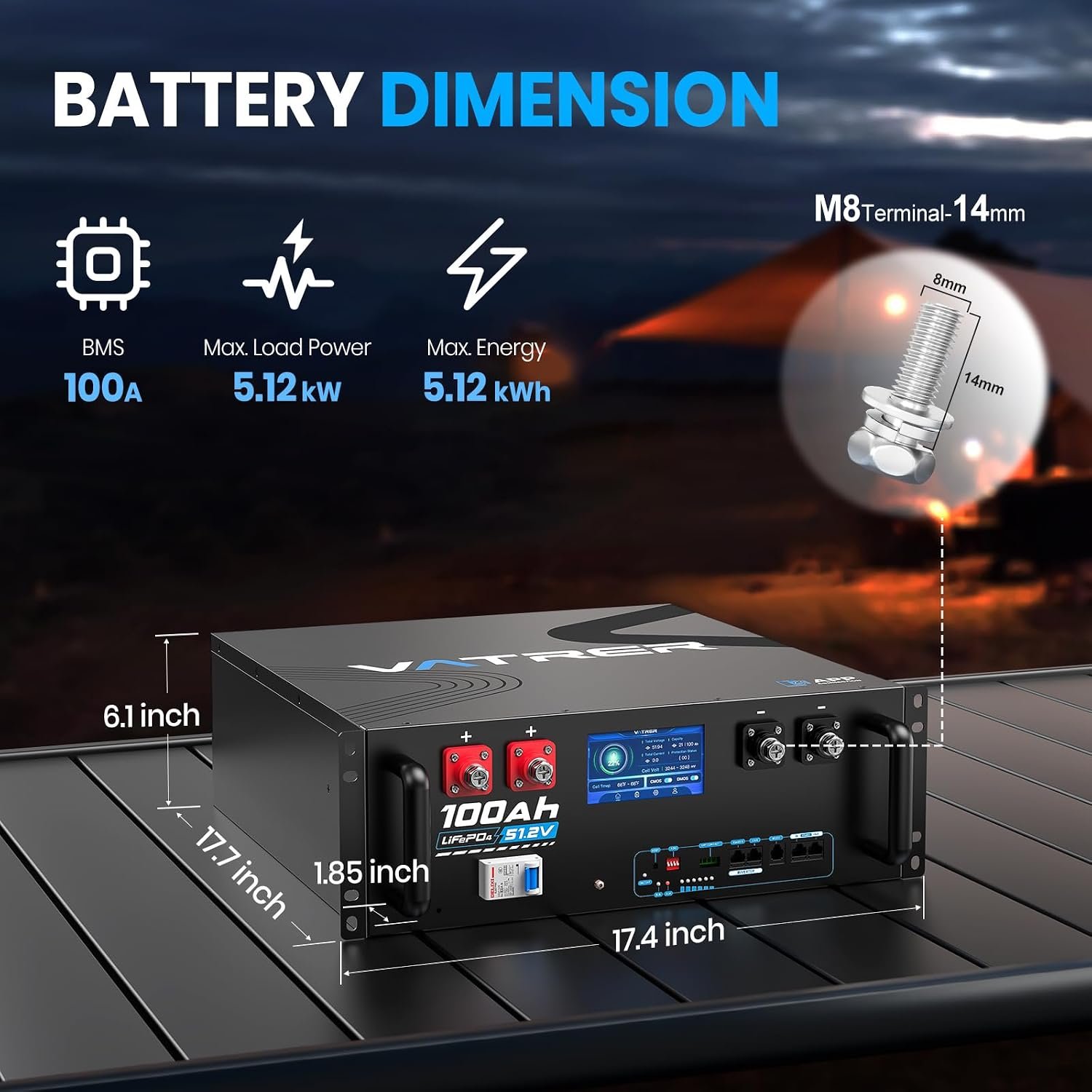 48V 100AH Lithium LiFePO4 Battery with UL1973 & WiFi Connectivity | Smart Display & APP, Max. 5.12KW Power Output, 5000+ Cycles, Perfect for Solar System &Off-Grid Applications - Image 4