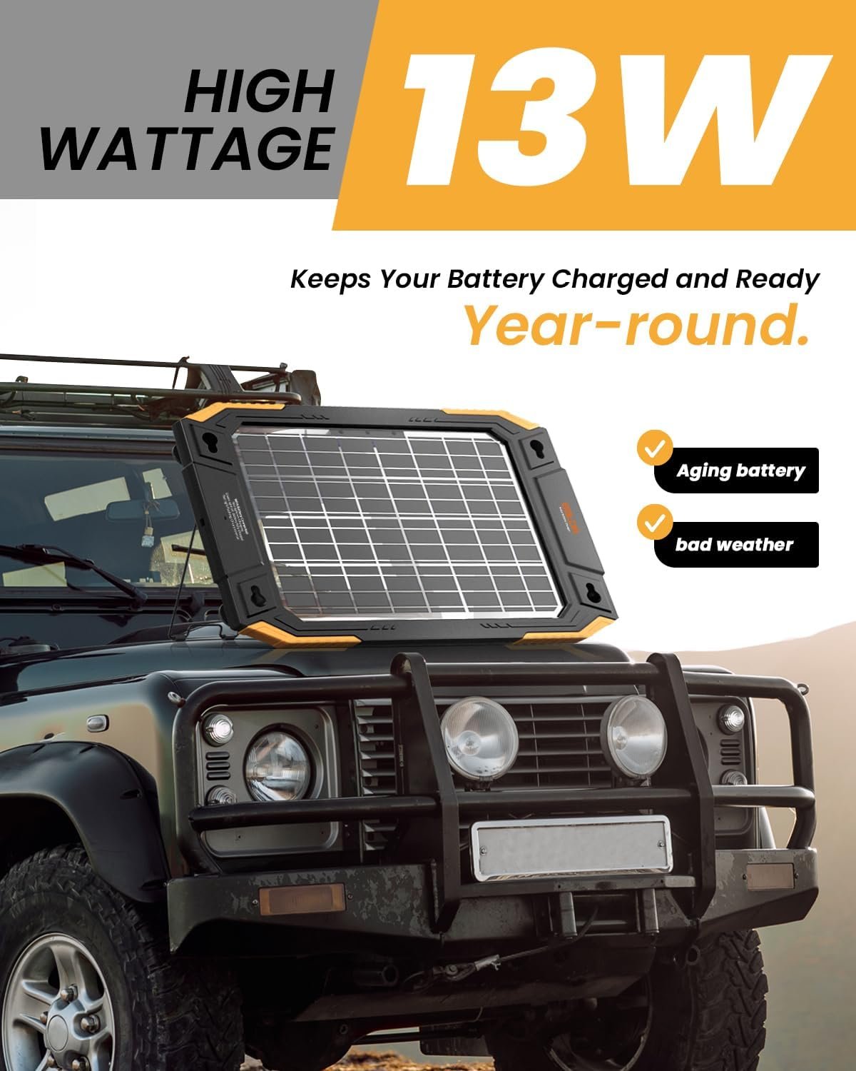 BALDR 12V Solar Battery Charger, 13W Waterproof Dual Sided Battery Maintainer, IP67 MPPT Trickle Charger for Car, Trailer, Lawn Mower, Boat - Image 2