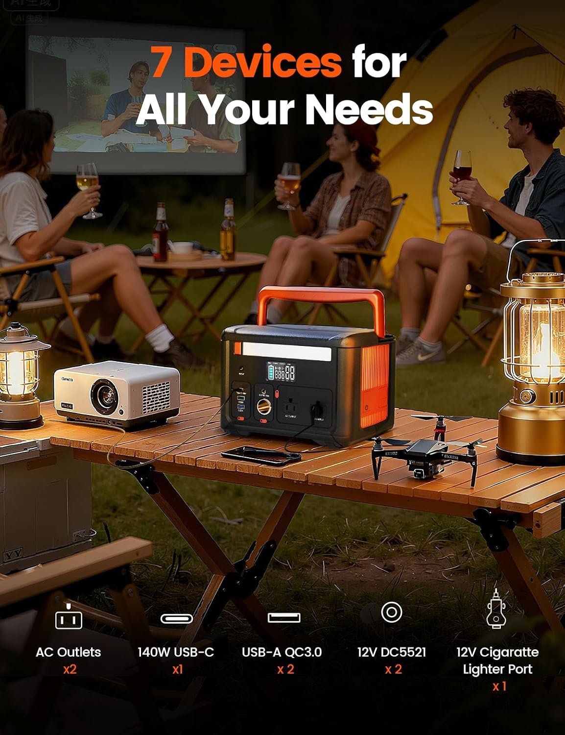 Portable Power Station 600W(1200W Surge), 299Wh Camping Power Station with 2 AC Outlet, 140W USB-C Fast Charging,7 Ports Mini Solar Generator for Camping Indoor Outdoor Emergency RV (CYBPULTE C601) - Image 3