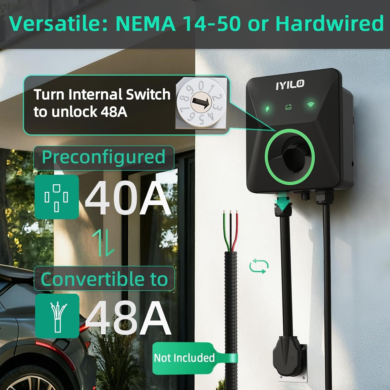 Upgraded Version Level 2 EV Charger, 40A /9.6KW or 48A/11.5KW | Compatible with Dual Installation Methods: NEMA 14-50P or Hardwired, Power Sharing, DLB, Temp Sensors, Smart APP, UL/ETL - Image 3