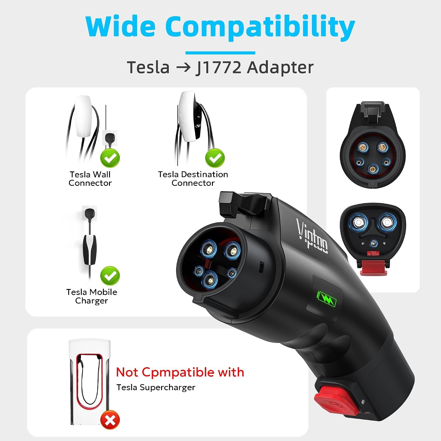Tesla to J1772 Adapter, 60A 250V, Charging Status Display, UL 2252 Tested | For J1772 EVs; 60A/250V Level 2; Works with Tesla Mobile/Wall Connectors and Destination Chargers; Dual lock; SGS Tested - Image 2