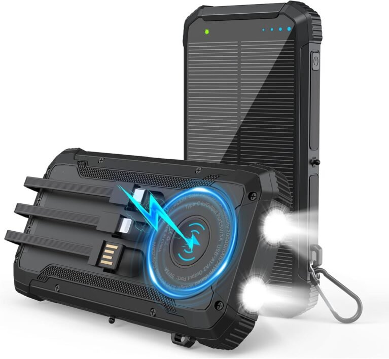 Solar Power Bank 20000mAh, Portable Charger with Built-in 3 Cables (USB-C/Lightning/Micro-USB), 15W Fast Charge, Battery Pack for iPhone Samsung Android, Solar for Emergency Only, Perfect for Camping