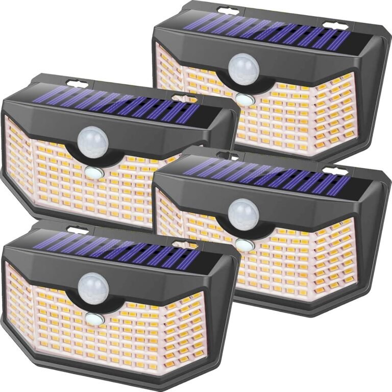 HMCITY 120 LED Solar Lights Outdoor Motion Sensor, 4 Pack, Black Warm | 3 Lighting Modes, IP65 Waterproof, Front Button Control, Wide Solar Wall Lights Ideal for Garden Patio Yard