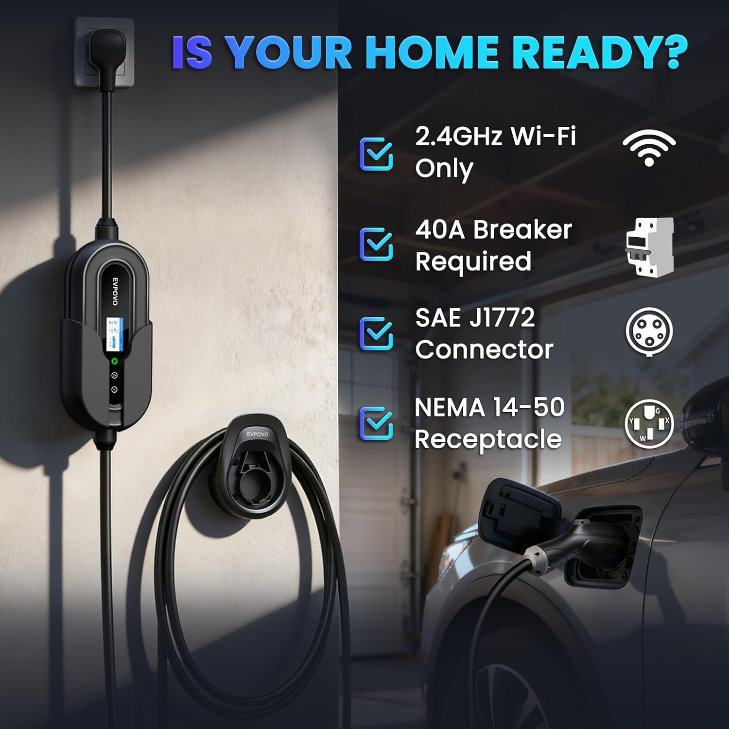 Level 2 EV Charger 32 Amp Portable J1772 NEMA 14-50 7.6kW 25ft Cable | Portable Electric Car Charger, Home EV Charger Level 2, WiFi App, Adjustable 16/20/24/32A, ETL Listed, IP66 Weatherproof - Image 2
