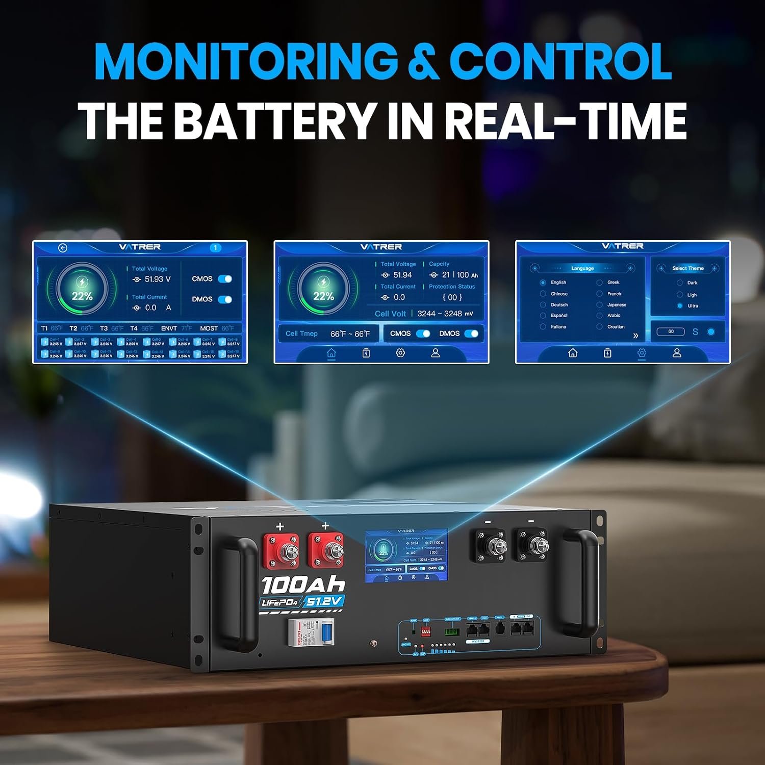 48V 100AH Lithium LiFePO4 Battery with UL1973 & WiFi Connectivity | Smart Display & APP, Max. 5.12KW Power Output, 5000+ Cycles, Perfect for Solar System &Off-Grid Applications - Image 7