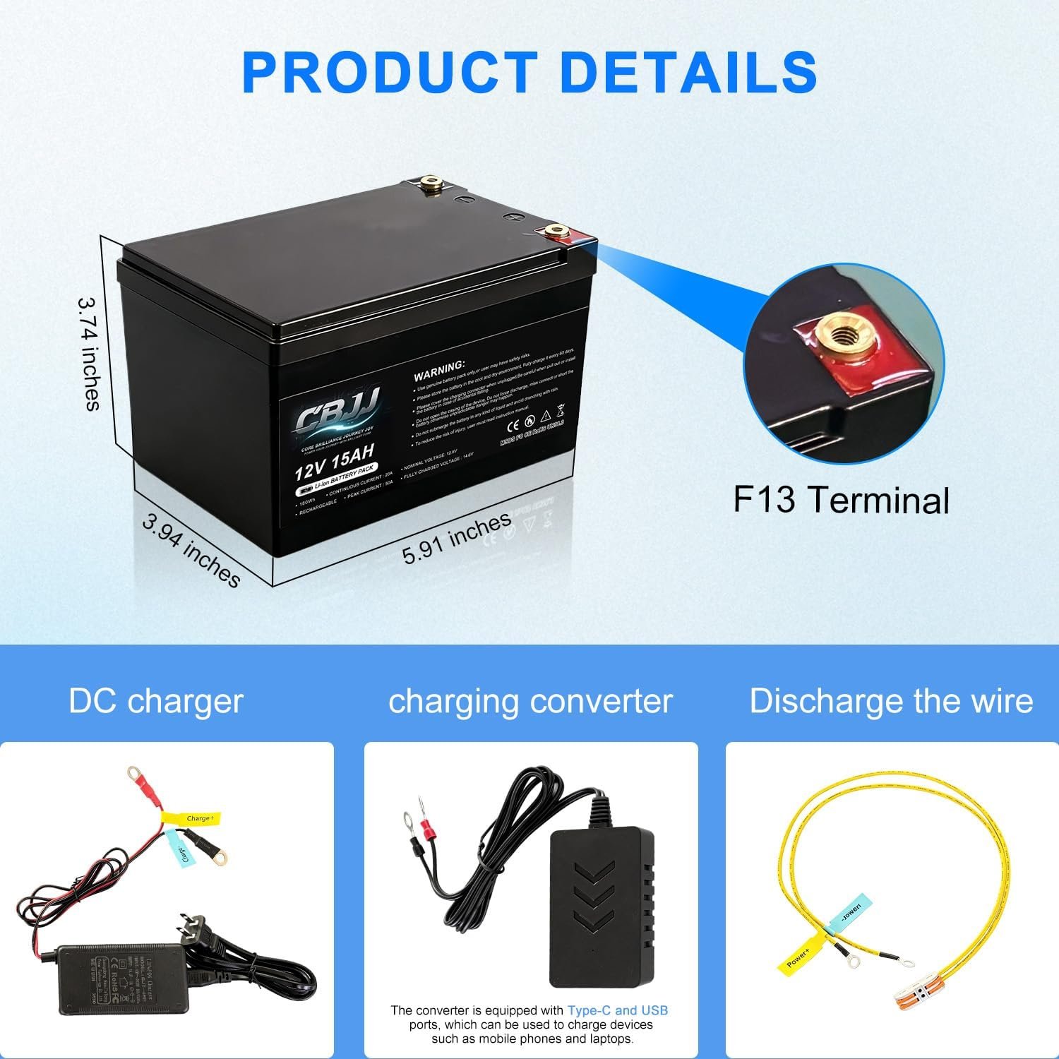 12V 15Ah LiFePO4 Battery Deep Cycle with Charger, 3000+ Cycle Rechargeable Phosphate Battery 256Wh for Solar, Fish Finder, Power Wheels, Lighting, Off-Grid Applications with 50A BMS - Image 2