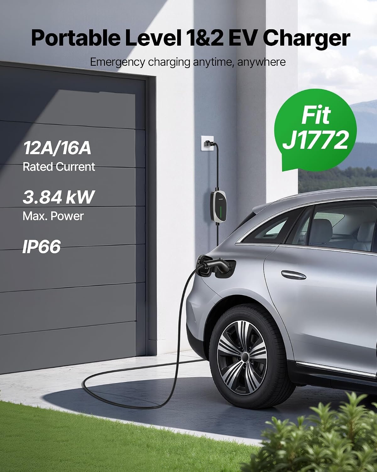 VEVOR Level 1&2 EV Charger, 16 Amp, Electric Vehicle Portable Charger with 25 ft Charging Cable, 120V-240V, NEMA 6-20P Plug NEMA 5-15 Adapter, LED Indicator, Home Car Charging Station for SAE J1772 EV | NEMA 5 15 Adapter and LED Indicator Support SAE J1772 Electric Vehicles, Enabling Safe Charging at Home or while Traveling - Image 2