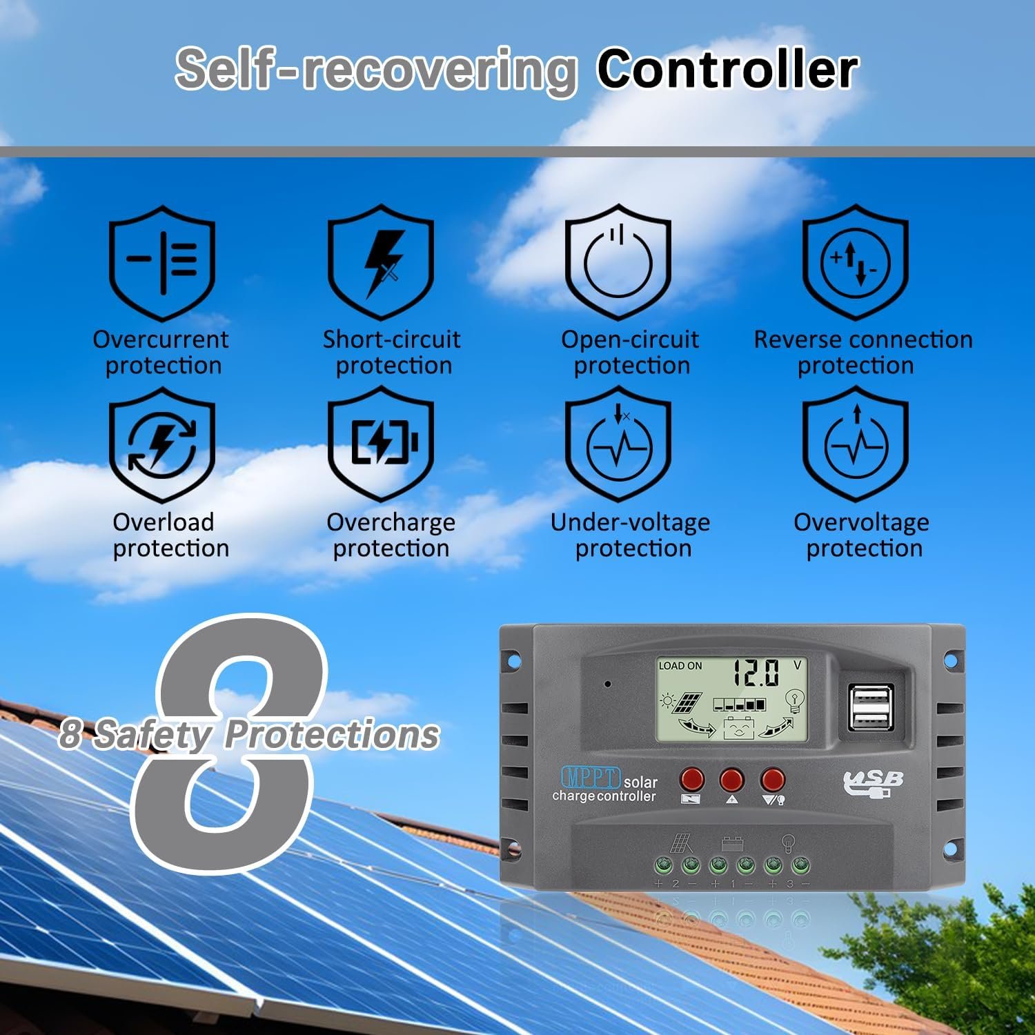 60A MPPT Solar Charge Controller 12V/24V Auto Tracking Solar Panel Regulator with Dual USB Port, LCD Display and 3 Timer Settings Suitable for Lead-Acid/Lithium-Ion/Lithium Iron Phosphate Battery Grey - Image 5