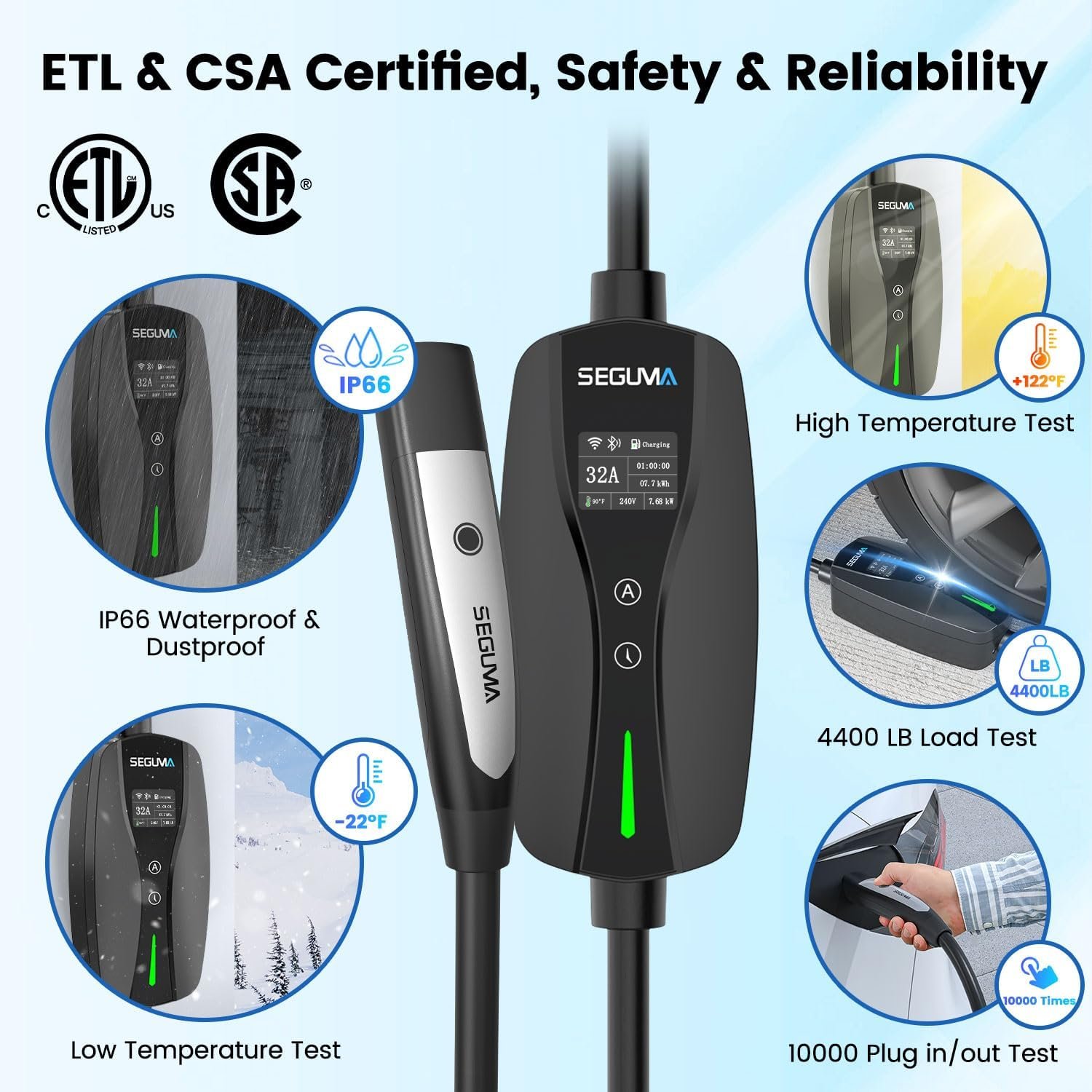 SEGUMA Level 2 EV Charger for Tesla, 32A Wi-Fi/App ETL Certified for NACS | NEMA 14-50, Adjustable Current, Timing Delay, 25FT, 240V 7.68kW, Portable Electric Car Charger, NACS EV Chargers, Black - Image 9