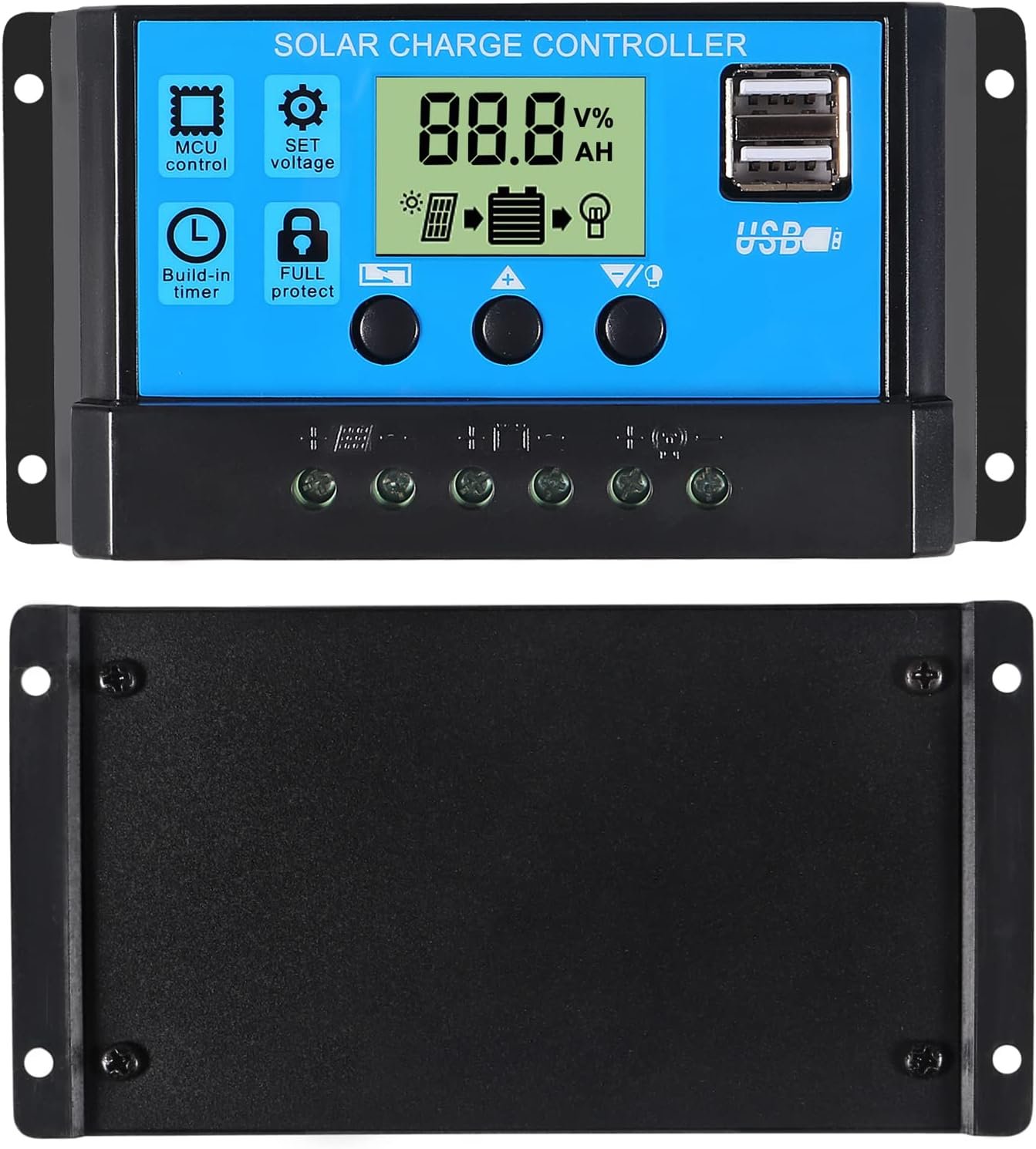 ACEIRMC 2pcs 30A Solar Charge Controller 12V/ 24V Solar Panel Charge Controller Intelligent Regulator with 5V Dual USB Port Display Adjustable Parameter LCD Display and Timer Setting ON/Off Hours - Image 2