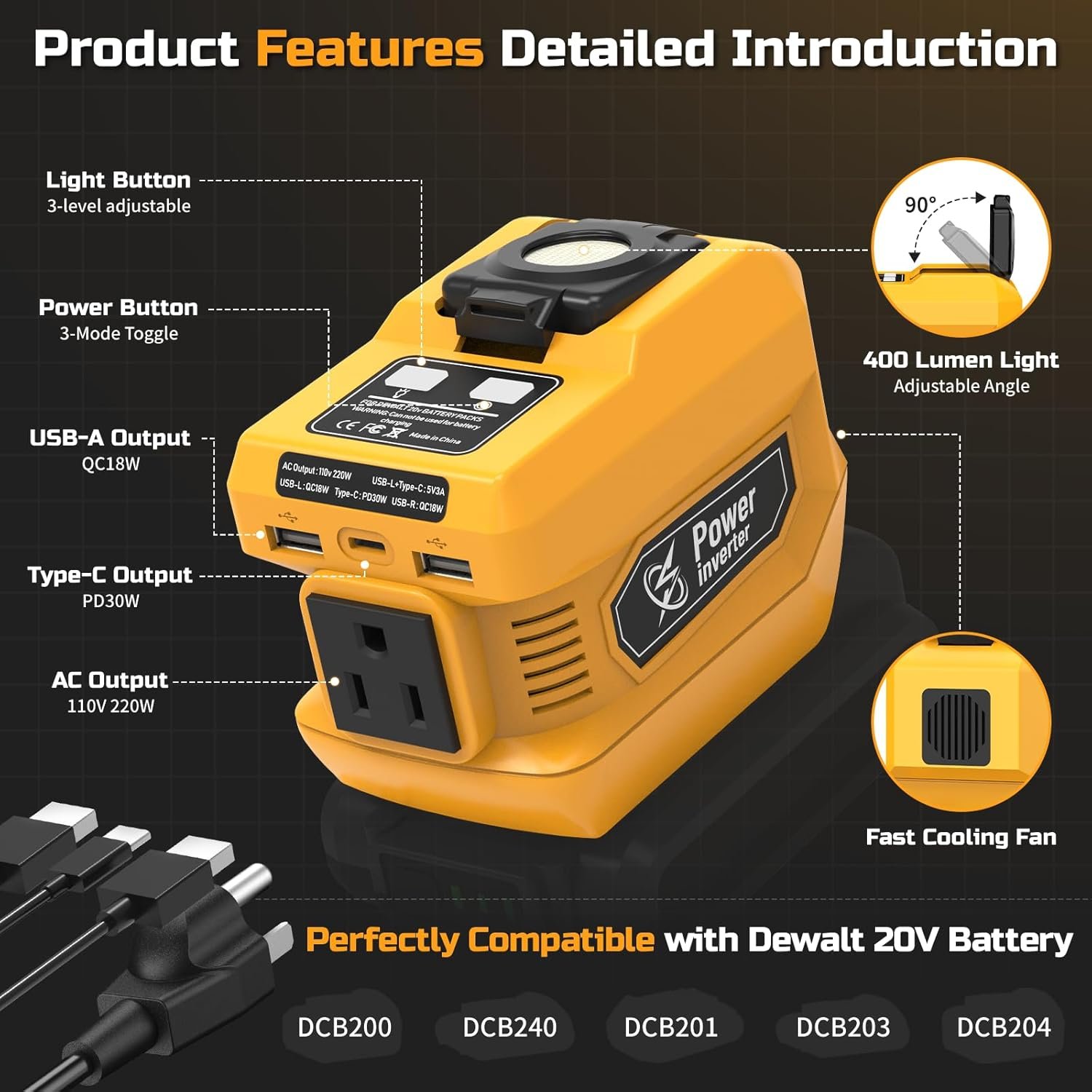 220W Power Inverter Compatible with Dewalt 20V Battery, DC 20V to AC 110V Inverter, Portable Power Station Generator with 1 AC Outlet, 2 USB Ports & 1 Type-C Fast Charging, 400LM LED Work Light - Image 2