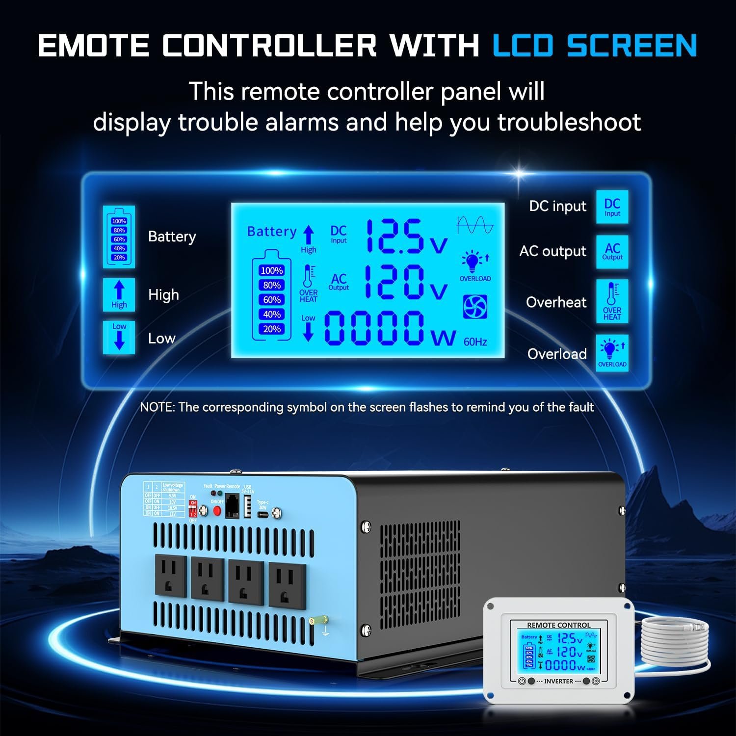 2200 Watts Pure Sine Wave Inverter 12V DC to 110V AC, 4400W Peak Power, 4 AC Outlets, USB & Type-C Port, Adjustable Input for Lithium Battery, RV/Truck/Boat/Solar Backup with LCD Remote - Image 3