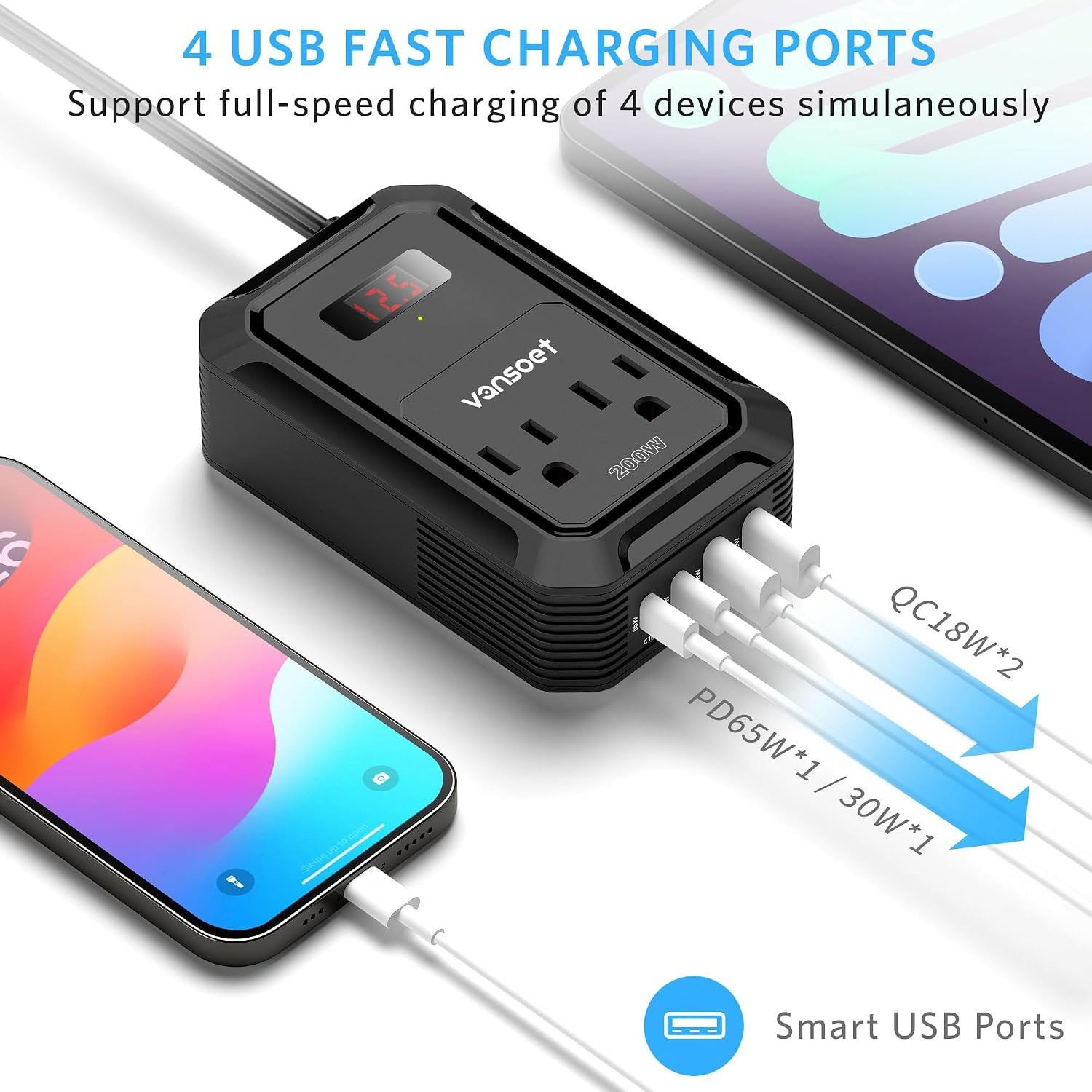 200W Car Power Inverter, DC 12V to 110V AC, PD 65W/30W USB C & QC 18W Ports | 2 AC Outlets, Car Plug Adapter Outlet for Laptop/Phone/Road Trip - Image 6