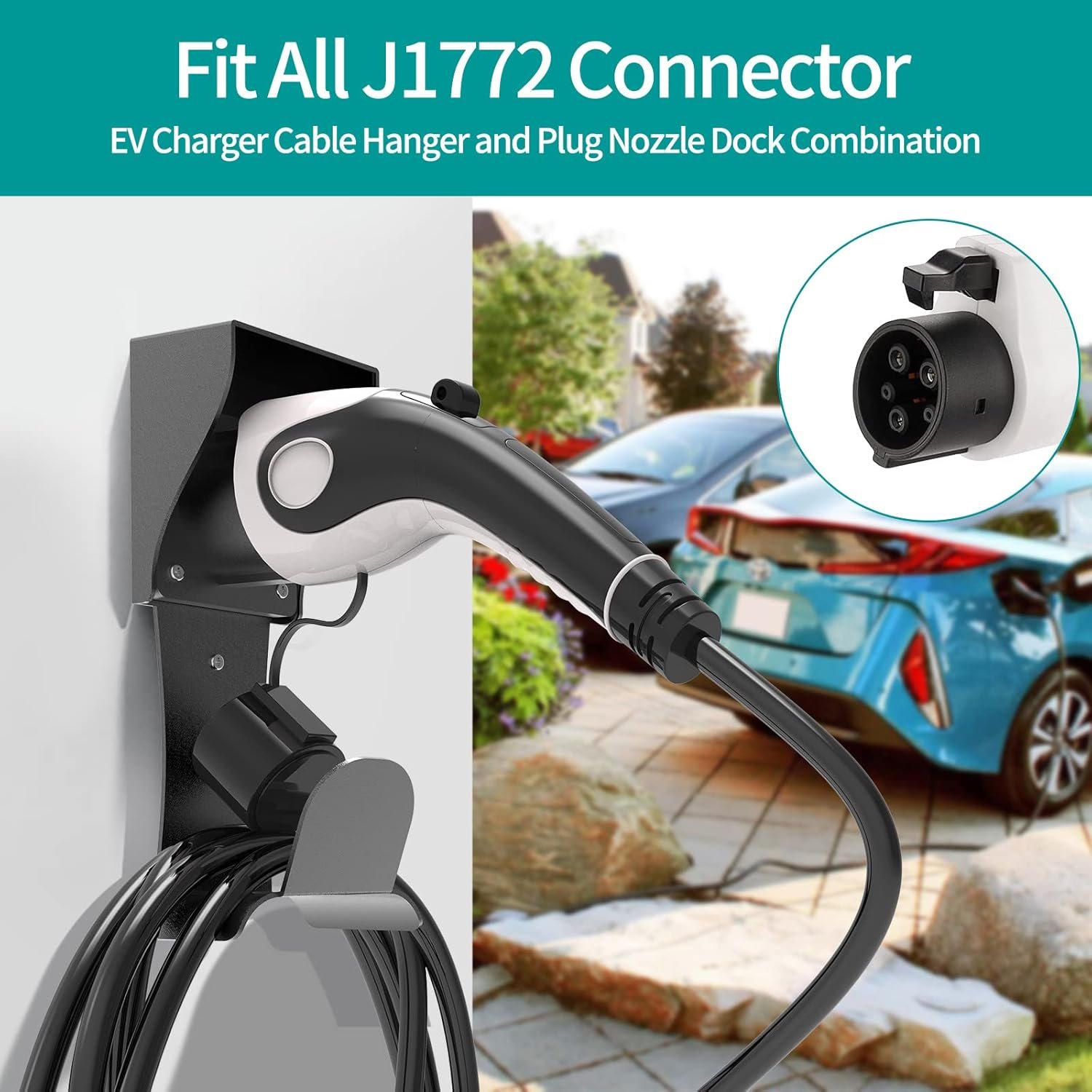 EV Charger Holder Wall Mount J1772 Holder, No Cable Cutting, Outdoor/Indoor, EV Cable Holder and Electric Car Plug Nozzle Holster Dock Combination for SAE J1772 Connector - Image 5